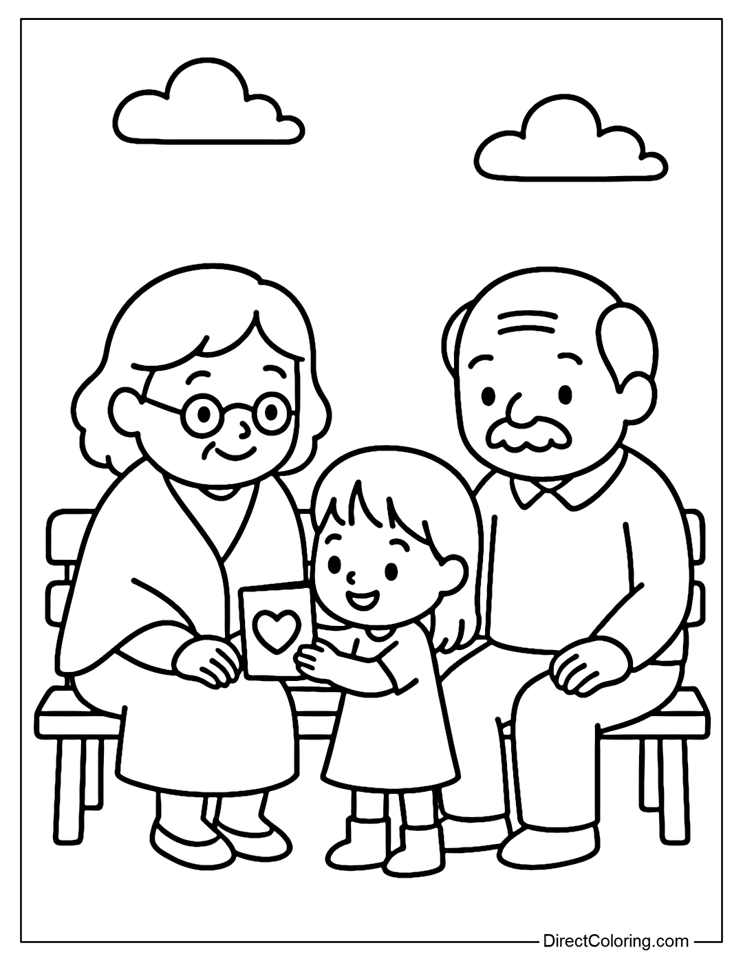 Grandparents on a Bench Coloring Page, Grandchildren Giving Heart Cards, Gentle Family Atmosphere in September.