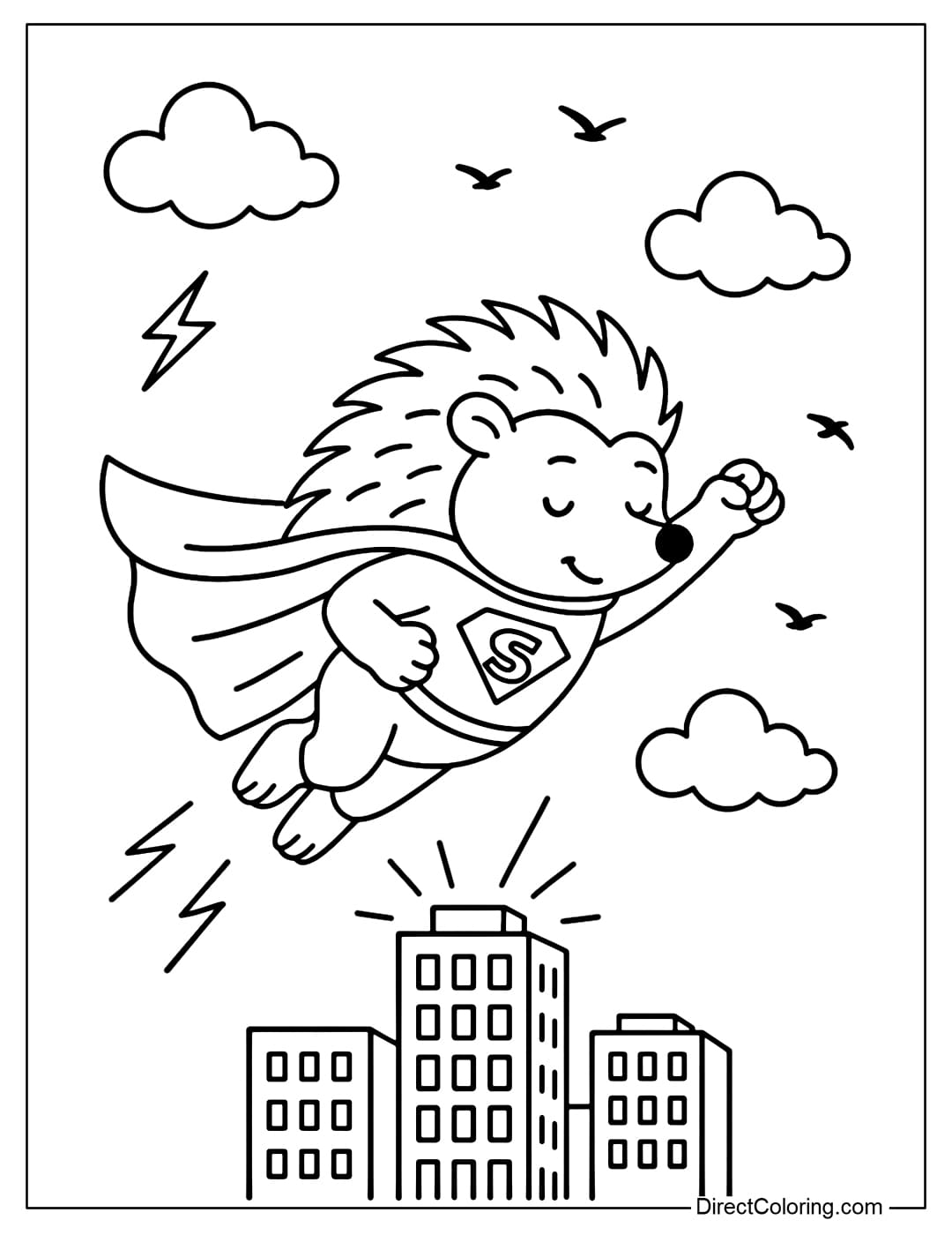 Superhero Hedgehog Coloring Page Coloring page of a hedgehog wearing a superhero cape, flying in the sky.