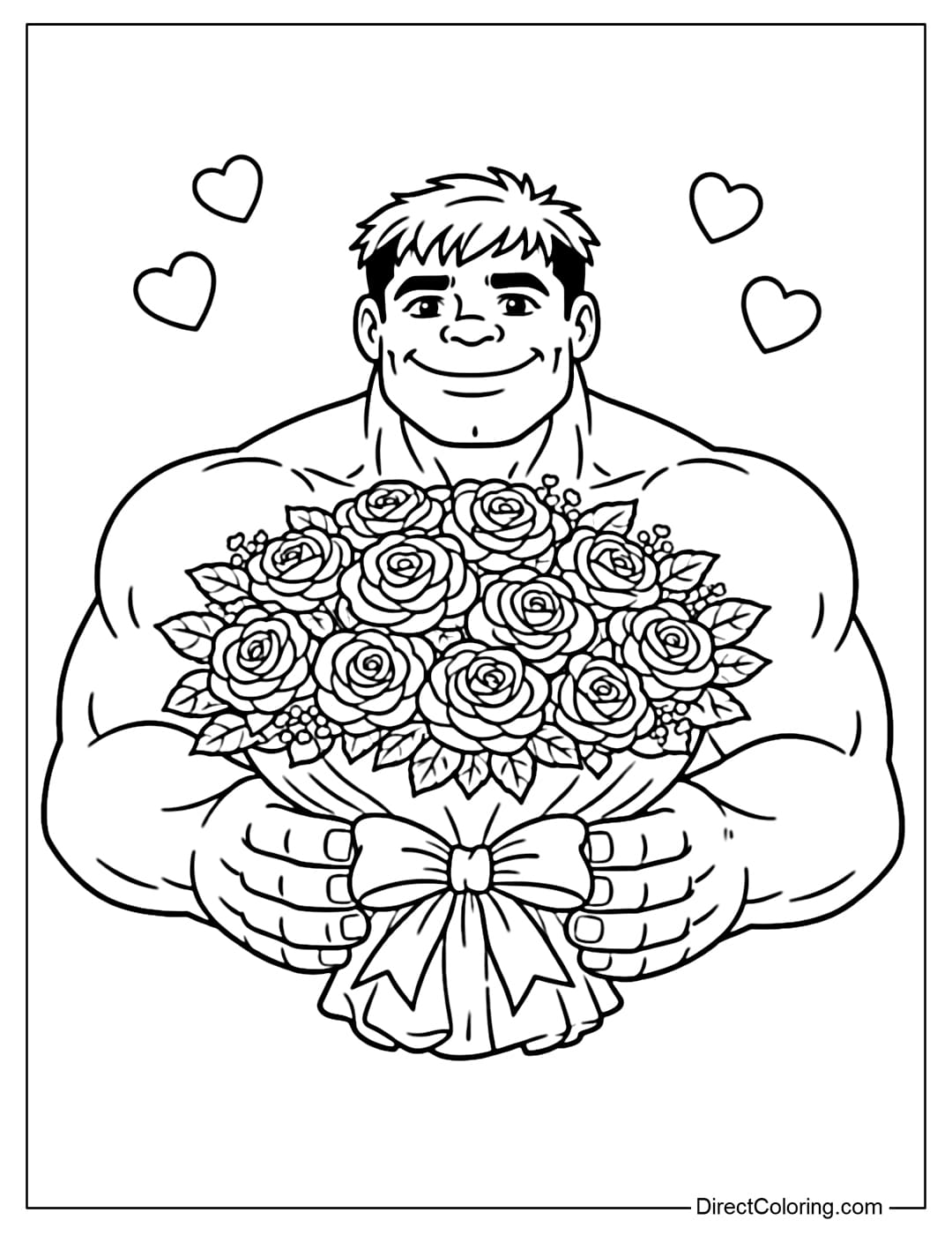 A coloring page featuring Hulk holding a large bouquet of Valentine roses, with a gentle and cheerful face, topped with a few decorative hearts.