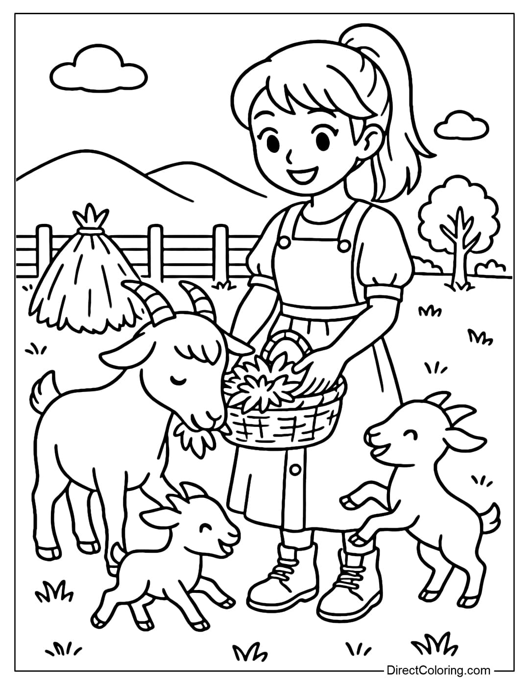 A farm girl coloring page feeding the goats with grass, baby goats jumping around her feet.