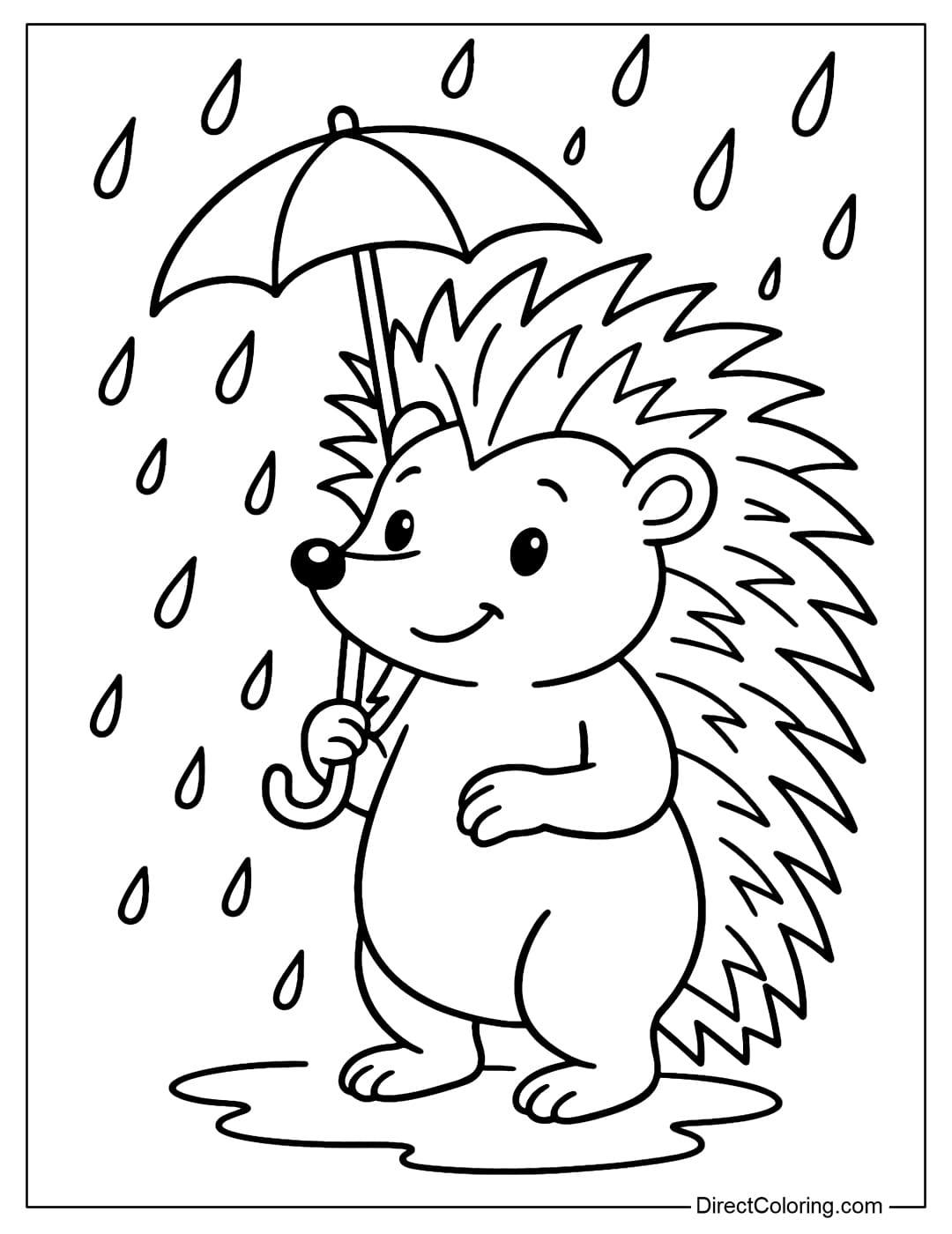 Hedgehog and Rain Coloring Page A hedgehog coloring page holding a small umbrella in the light rain.
