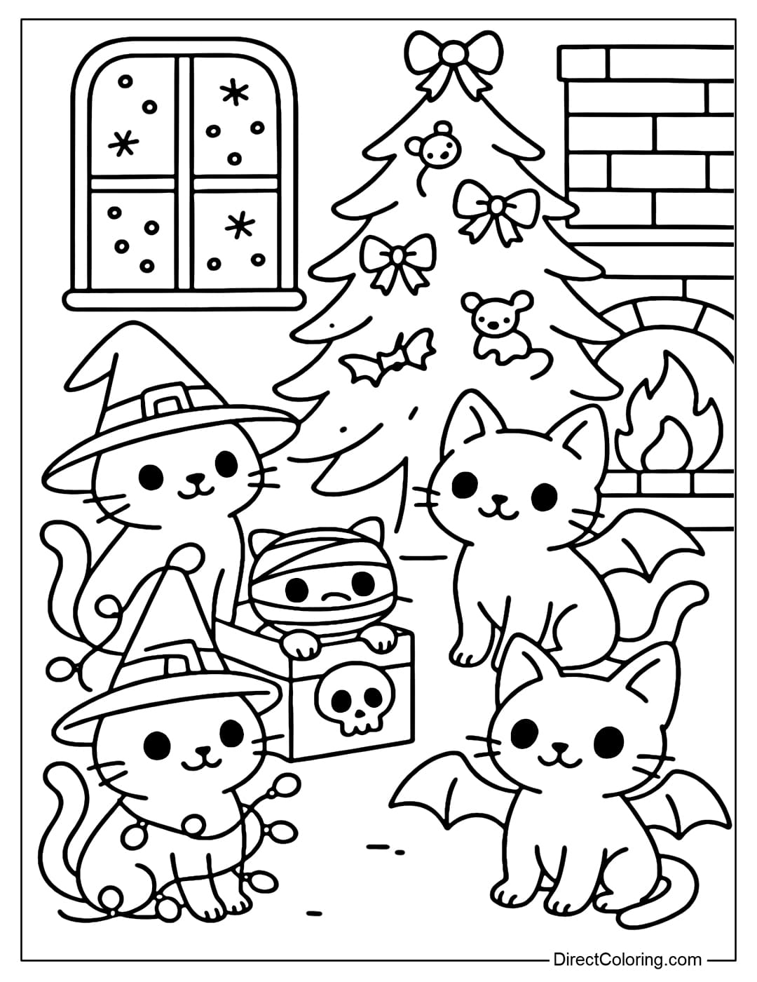 Coloring page of Halloween cats gathered around the fireplace in a classic snow-covered room outside the window.