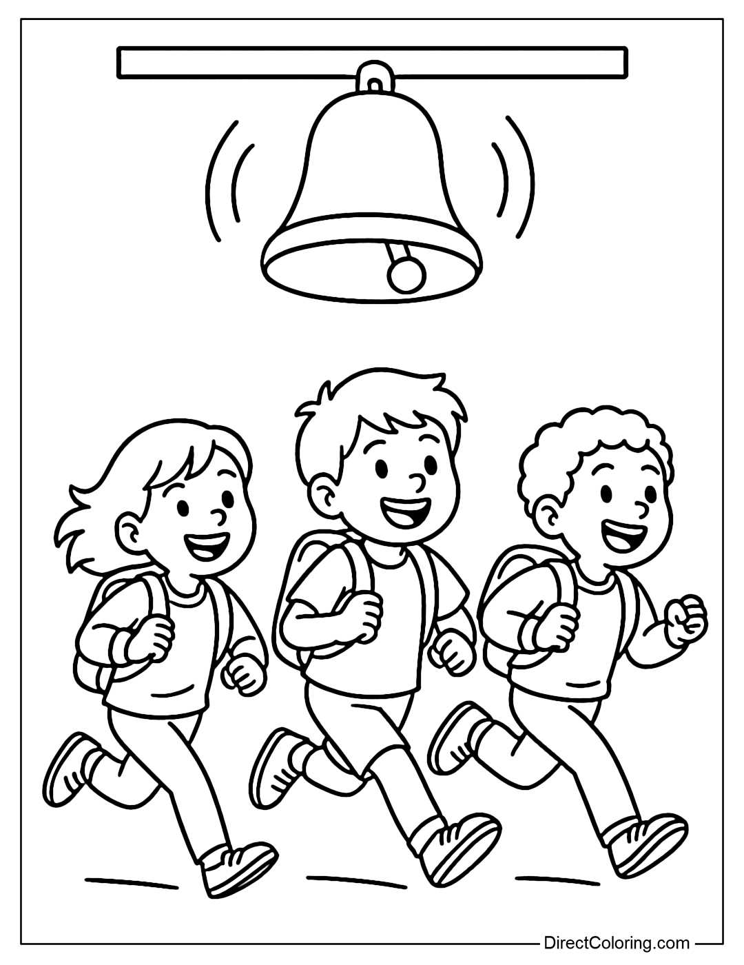 A coloring page of the school bell ringing, children running quickly to class with excited faces.