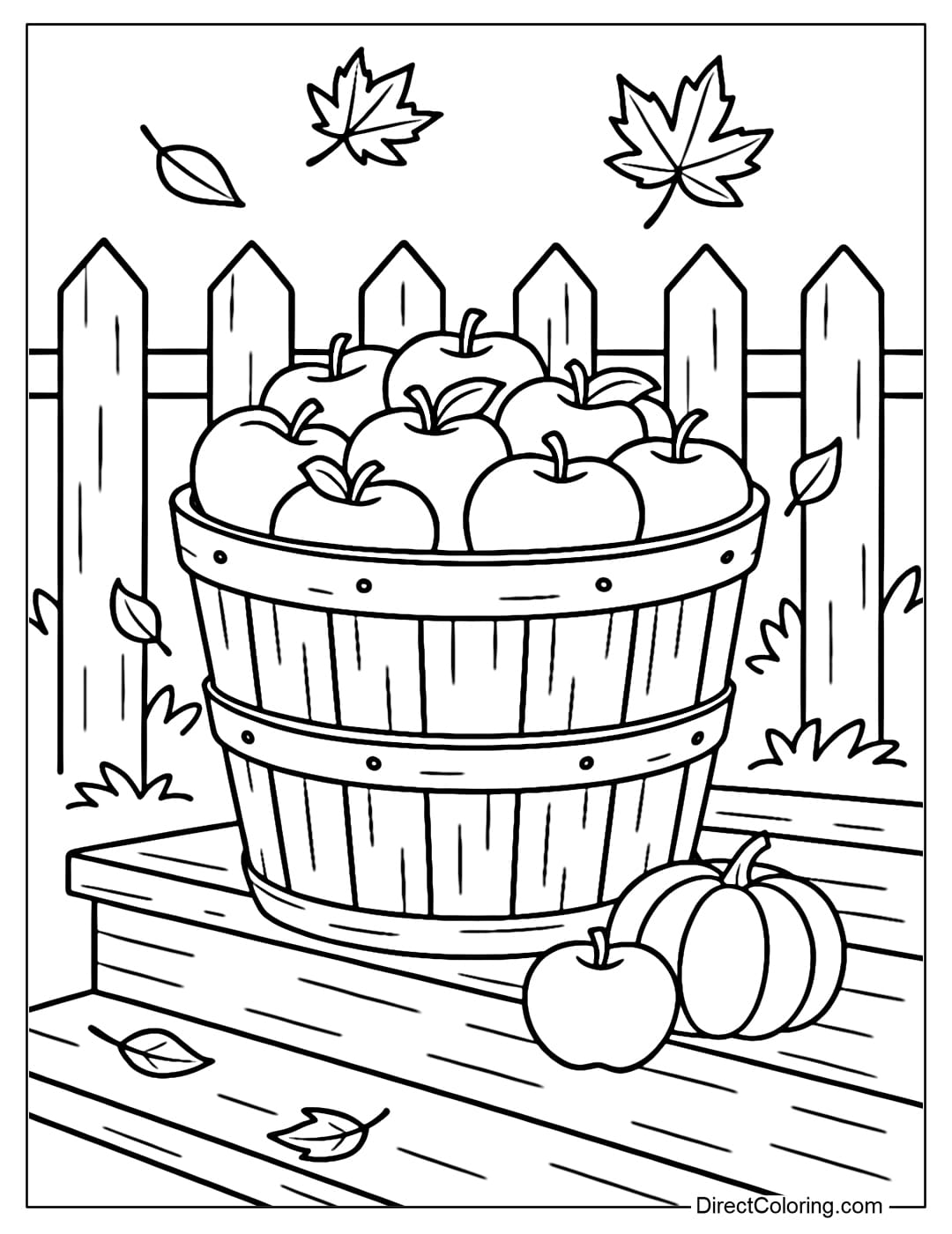 A basket full of apples placed on a wooden step, with a low fence behind it and a few autumn leaves flying lightly.