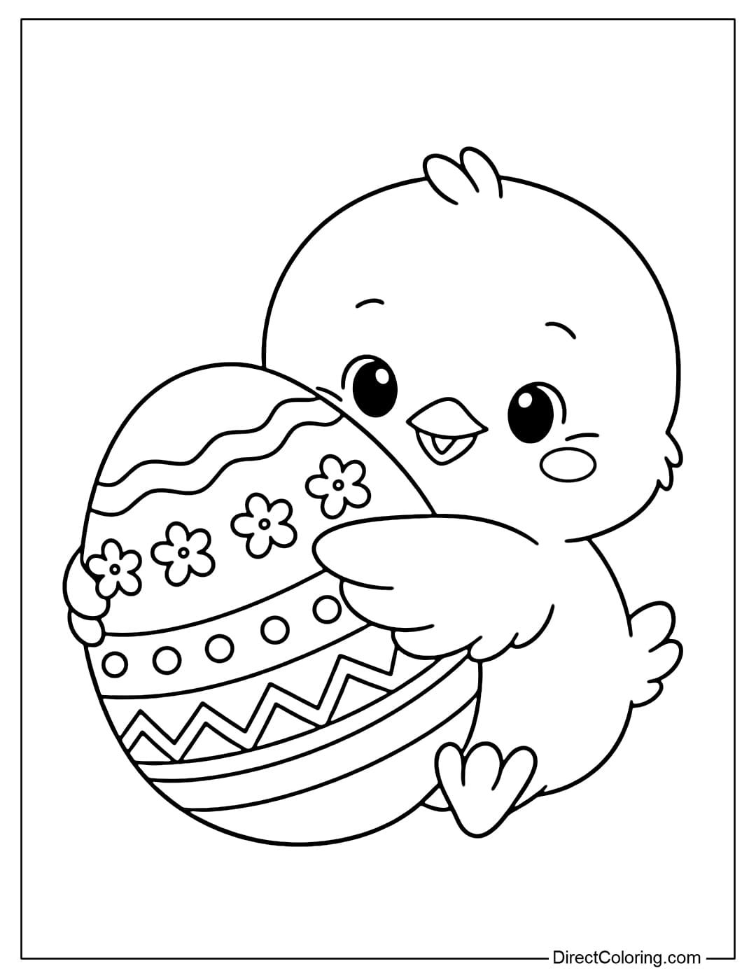 Coloring page for a cute chick holding a large, simply decorated Easter egg.