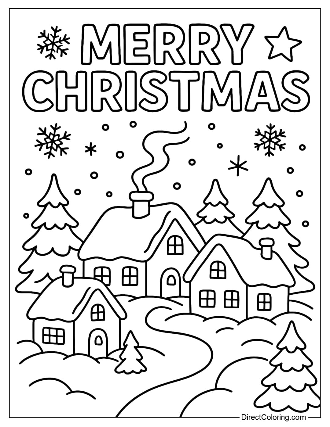 Coloring page of a small village in the middle of winter, the roof is covered with snow, the smoke from the kitchen is rising. The words 