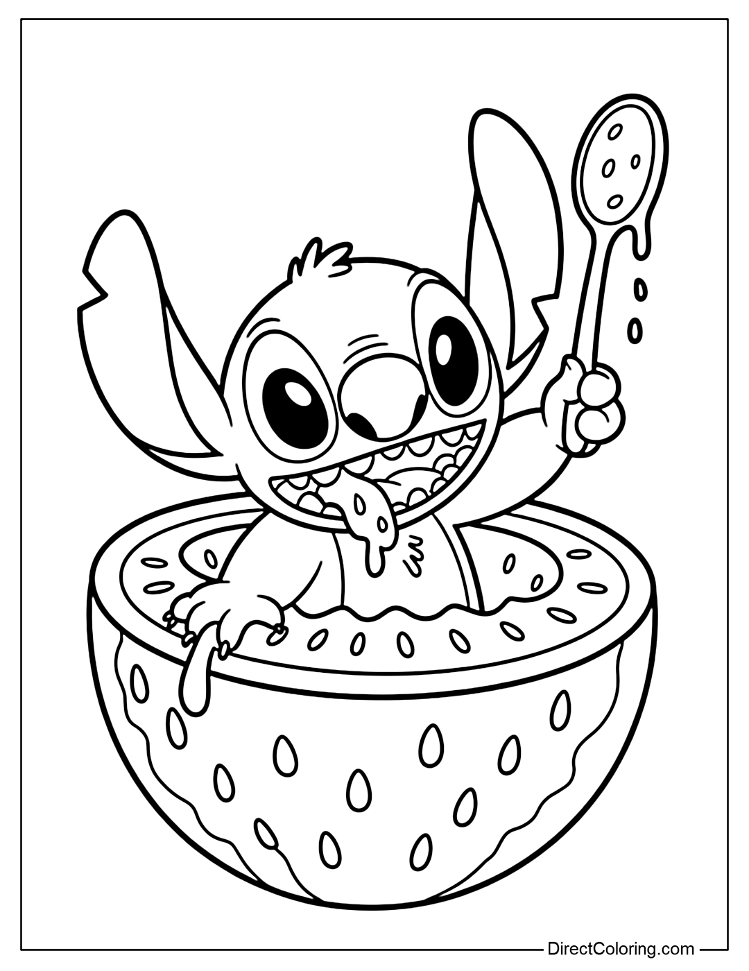 Stitch Coloring Page comes out of half a watermelon, holding a spoon of melon, mouth full of sweet juice.