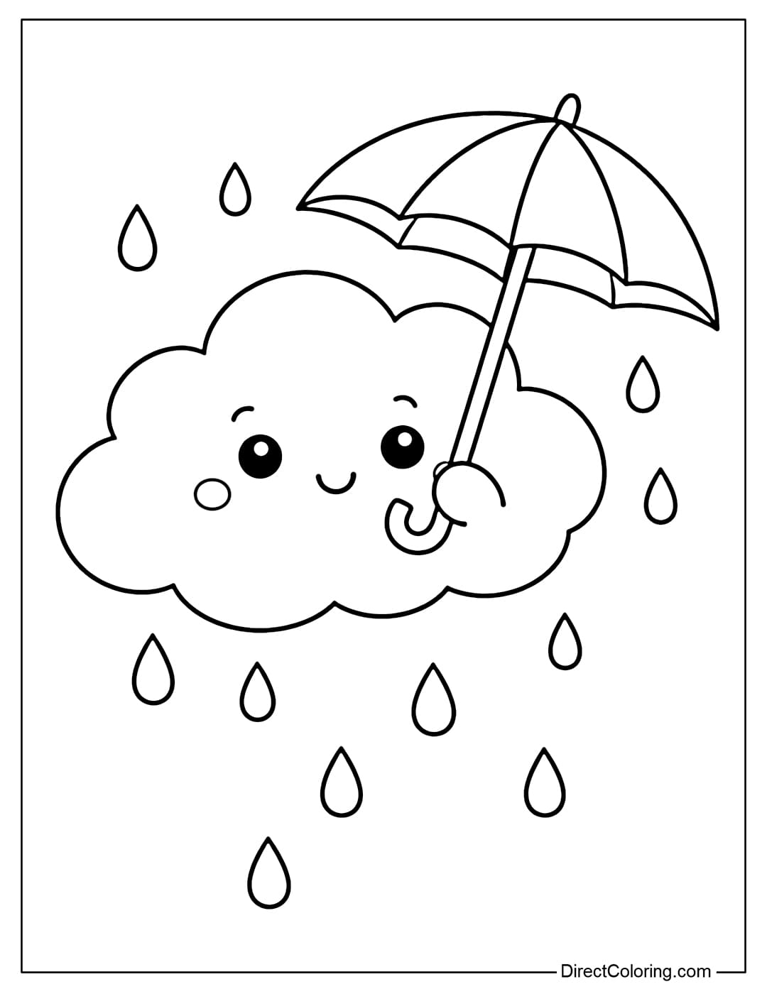 A coloring page of a cloud holding a small umbrella to shield itself from the rain, with a few round raindrops underneath.