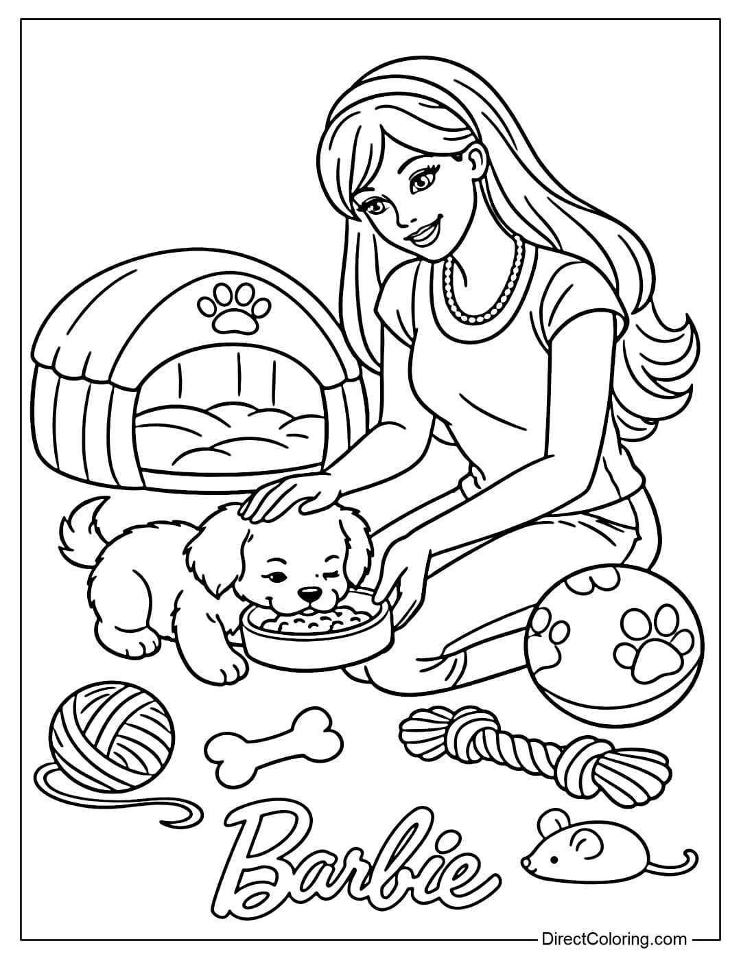Barbie is taking care of her pet dog, feeding it, surrounded by some pet toys.