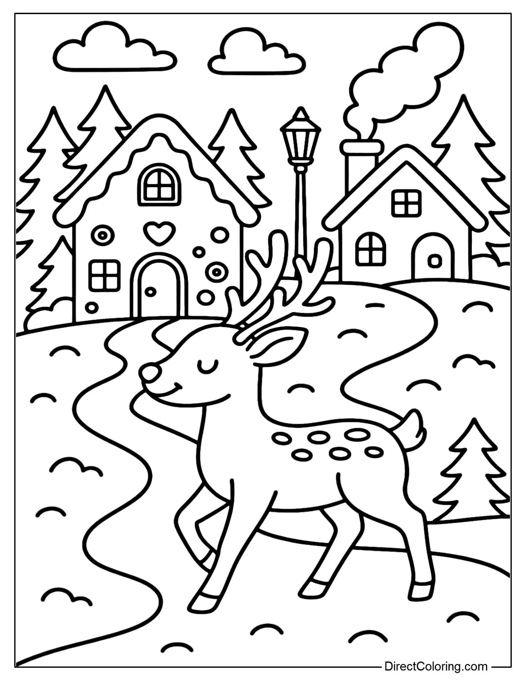 Reindeer in Christmas Village Coloring Page Coloring page of a reindeer walking through a small Christmas village, with a gingerbread house.
