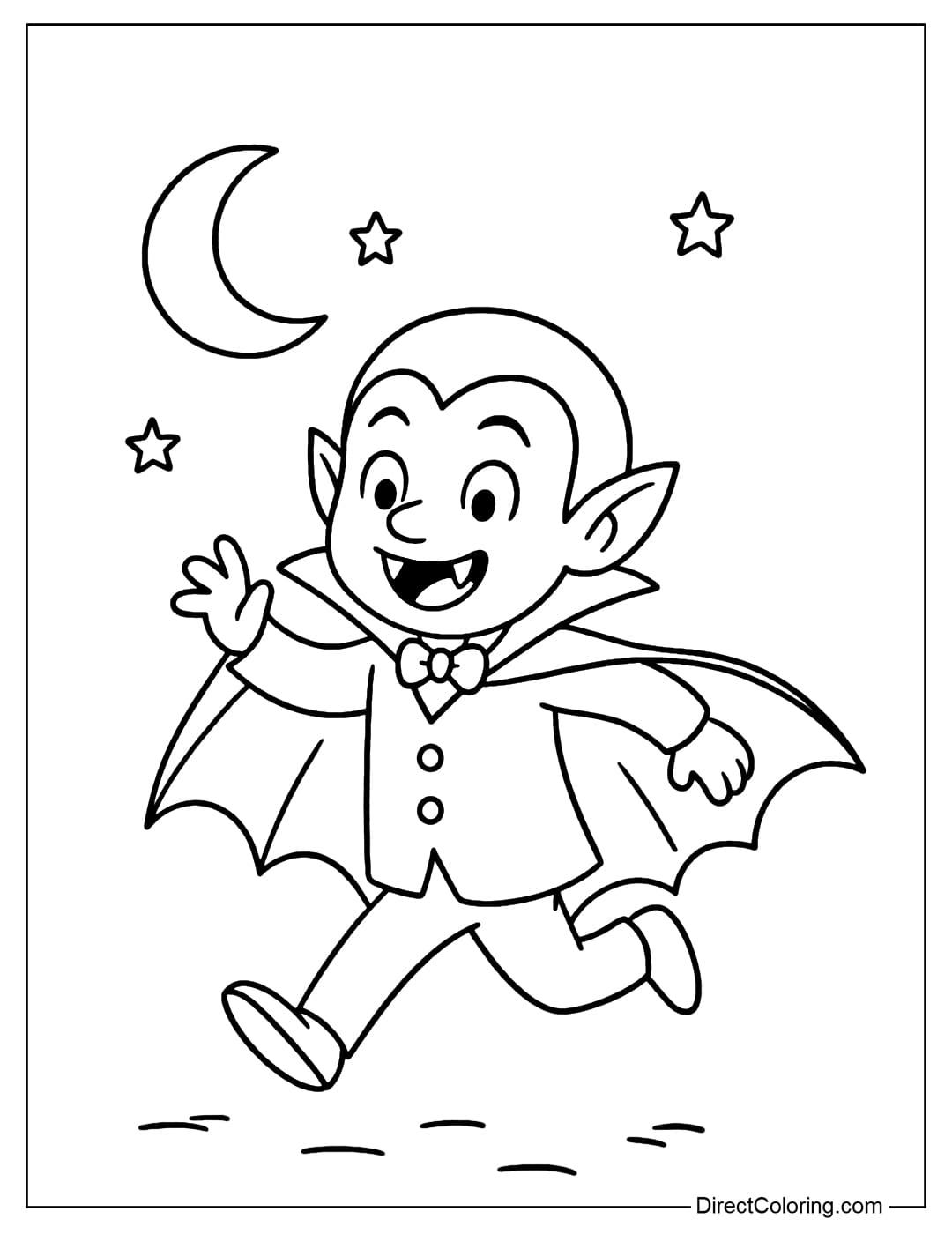 Little Vampire in Bat Costume Coloring Page Coloring page of a little vampire wearing a bat costume, running happily in the moonlight.