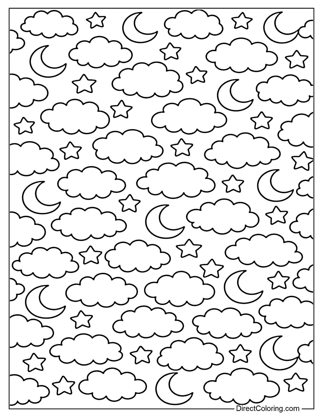 A coloring page of many fluffy round clouds interspersed with a crescent moon and a five-pointed star.