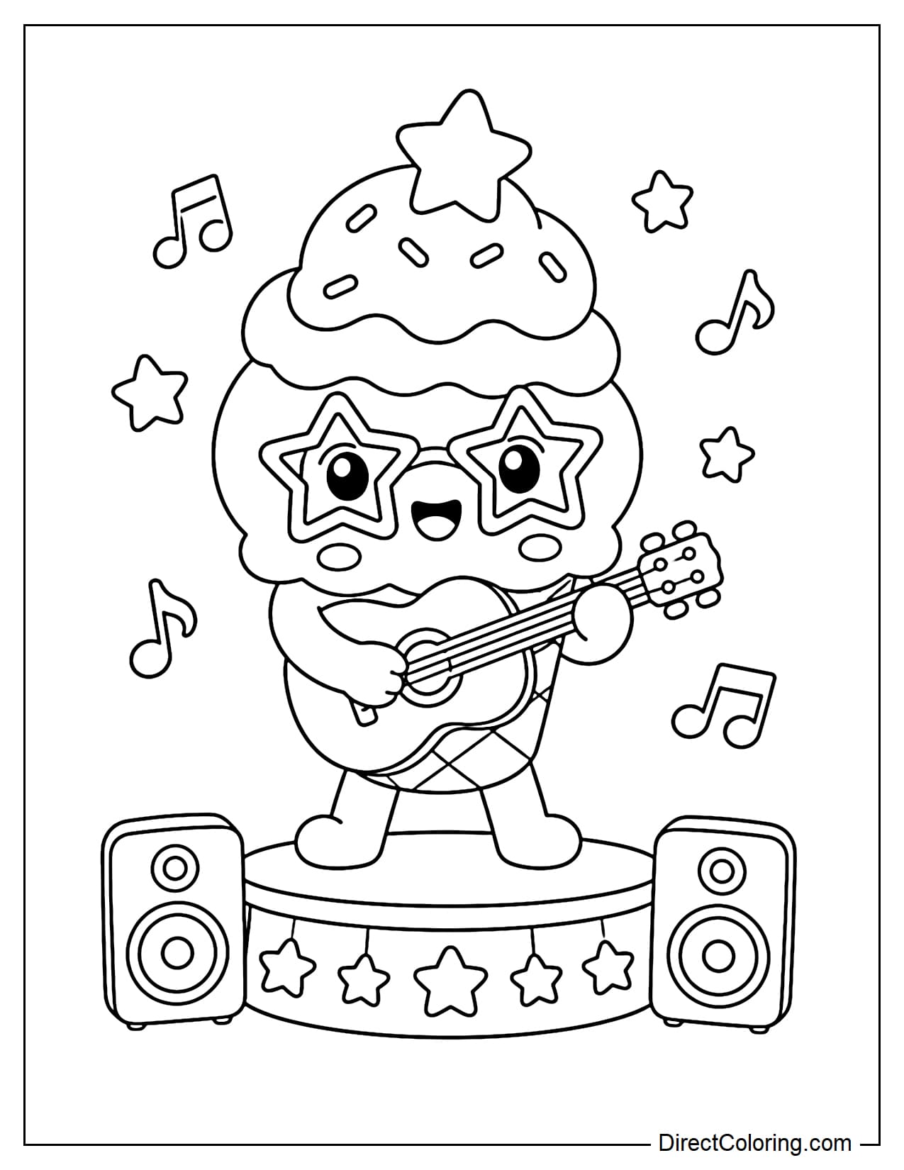 An ice cream cone wearing star-shaped glasses and playing guitar on a small stage, with speakers and musical notes underneath.