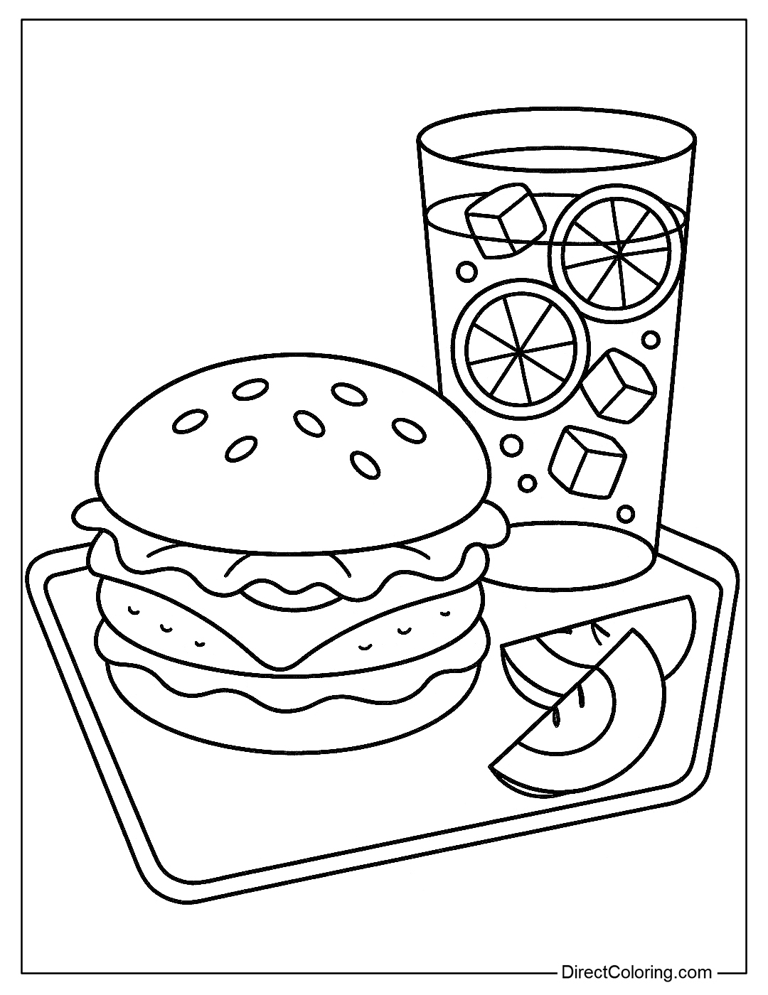 a hamburger coloring page on a tray holding a tall glass of iced tea filled with lemon slices