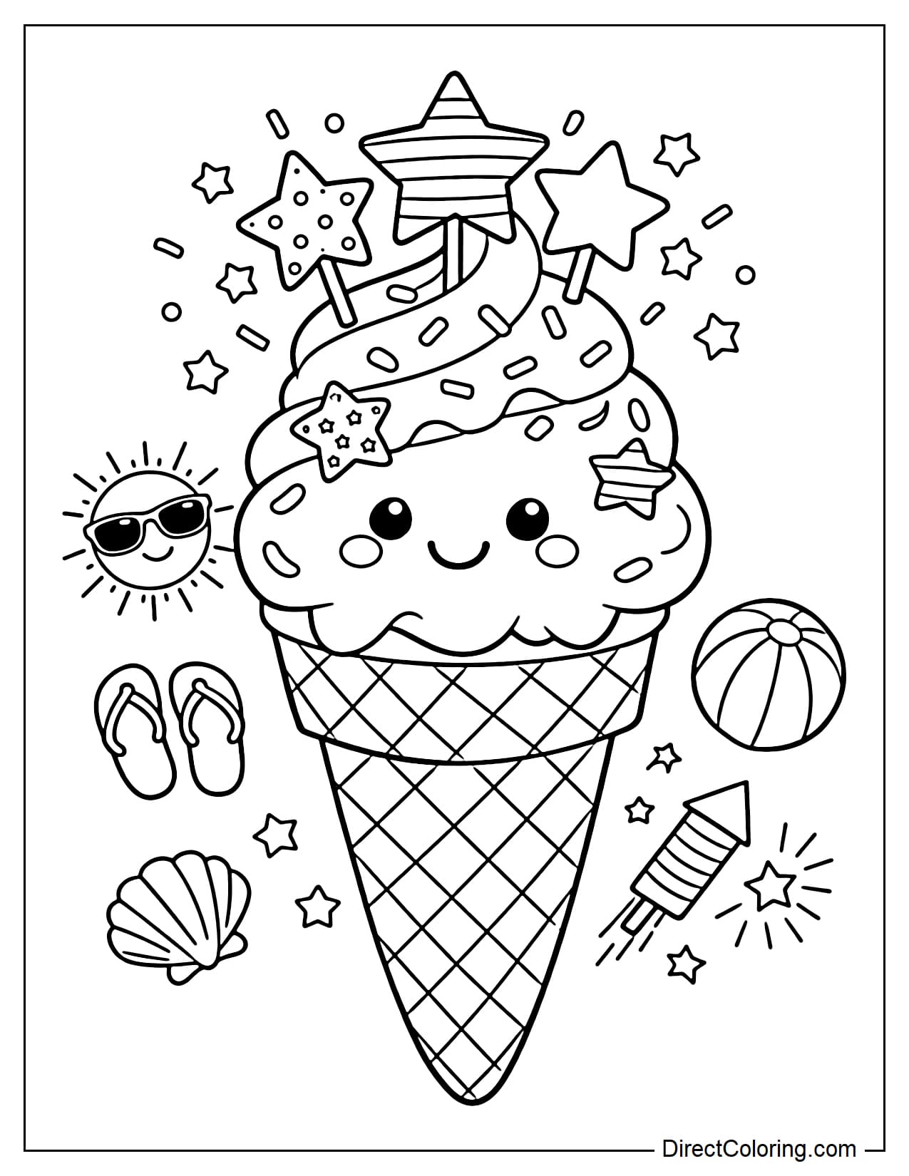 A large Memorial Day ice cream cone with a star-shaped topping and a smiley face.