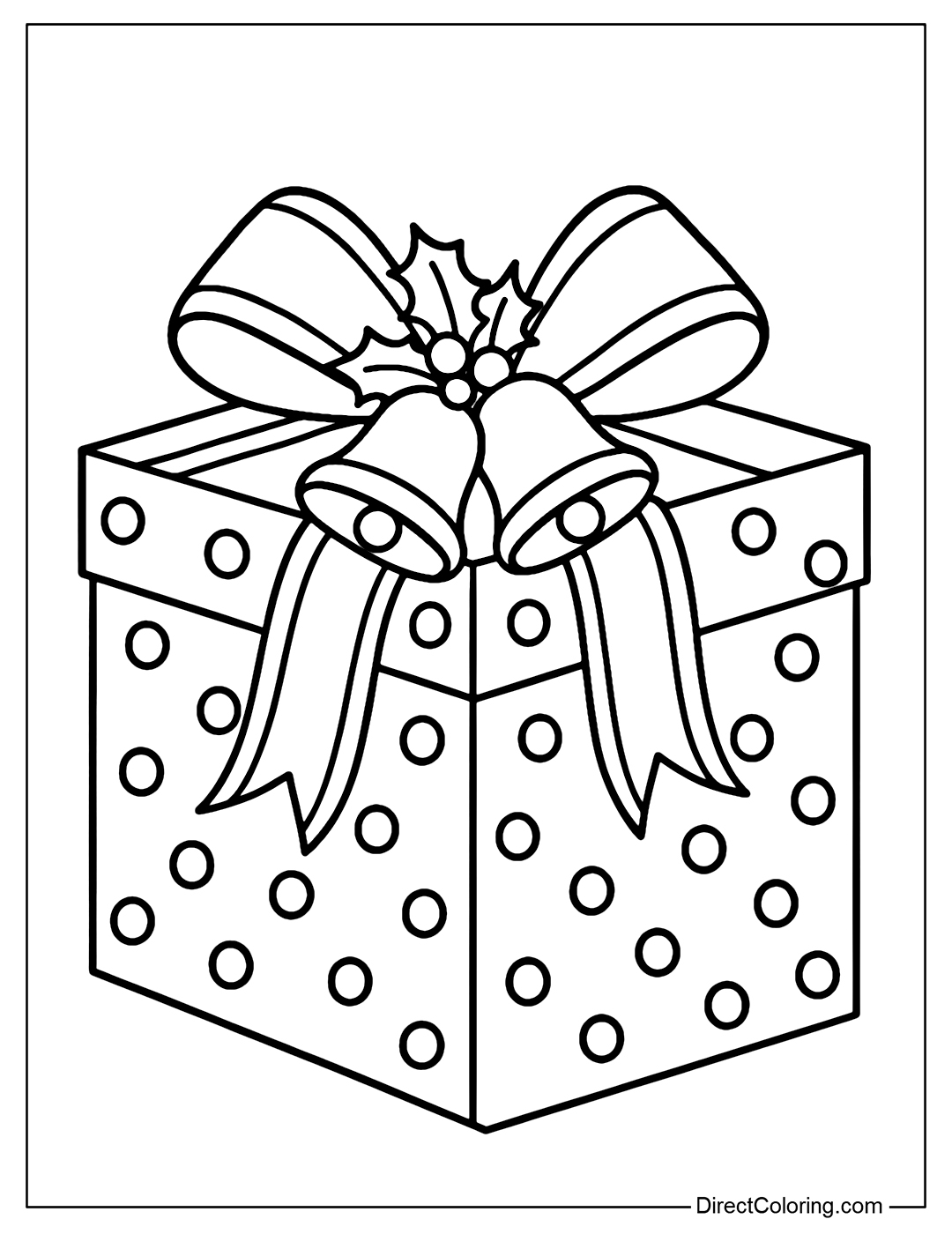 A gift box coloring page covered with polka dots, a soft bow, two small bells and a few holly leaves in the middle of the bow.