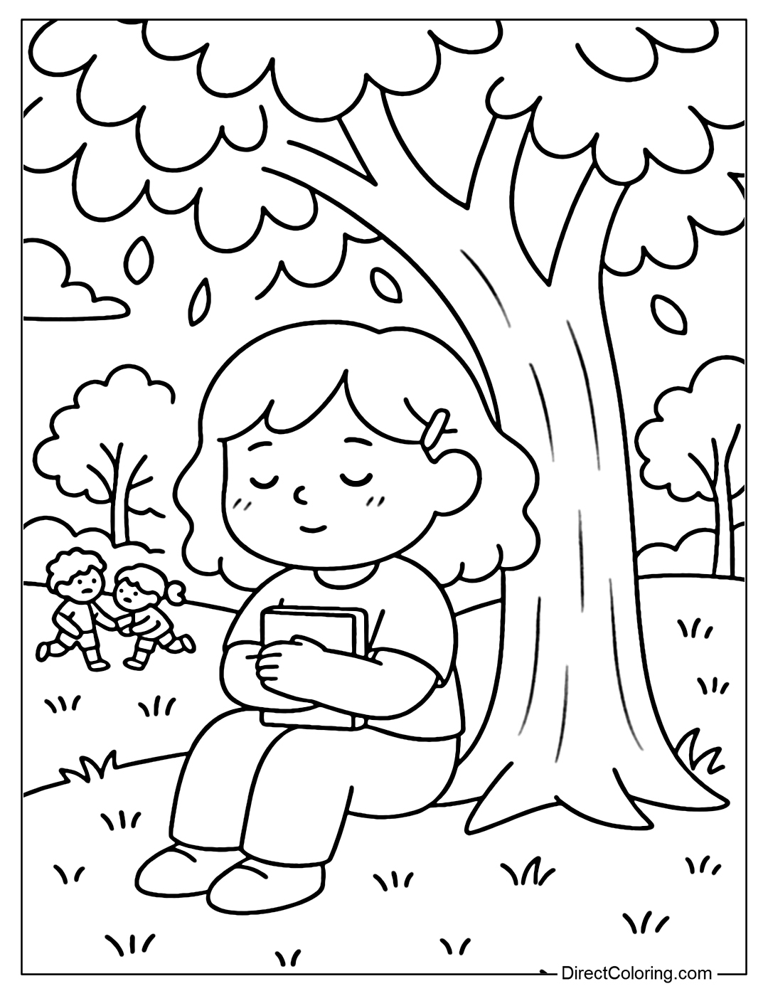 Coloring Page The autistic girl sits alone under the shade of a tree, holding a book. The light shines through the leaves, in the distance there are a few children playing - no crowding.