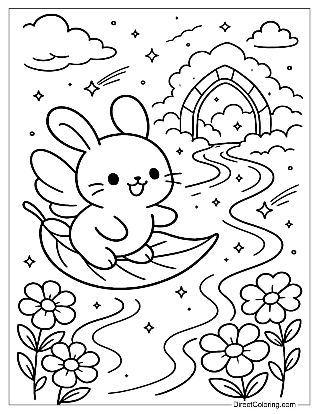 A coloring page of a little rabbit with wings riding on a flying leaf, cute folded ears, innocent smile.