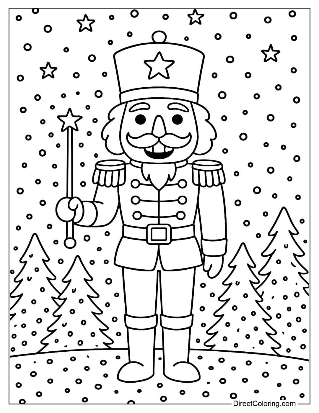 Nutcracker Coloring Page standing in the snowstorm, holding a wand.