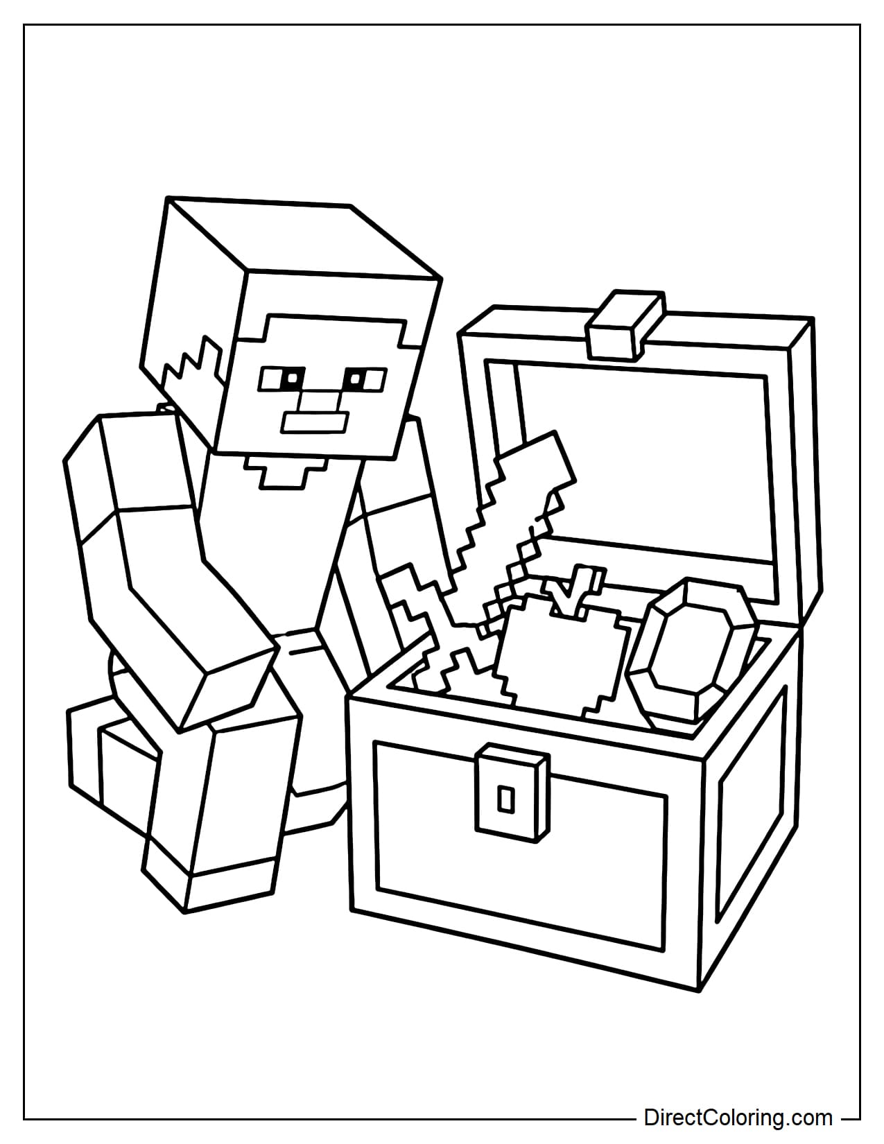 Steve kneels beside an open treasure chest containing a few simple blocky items, including a sword, an apple, and a gem.