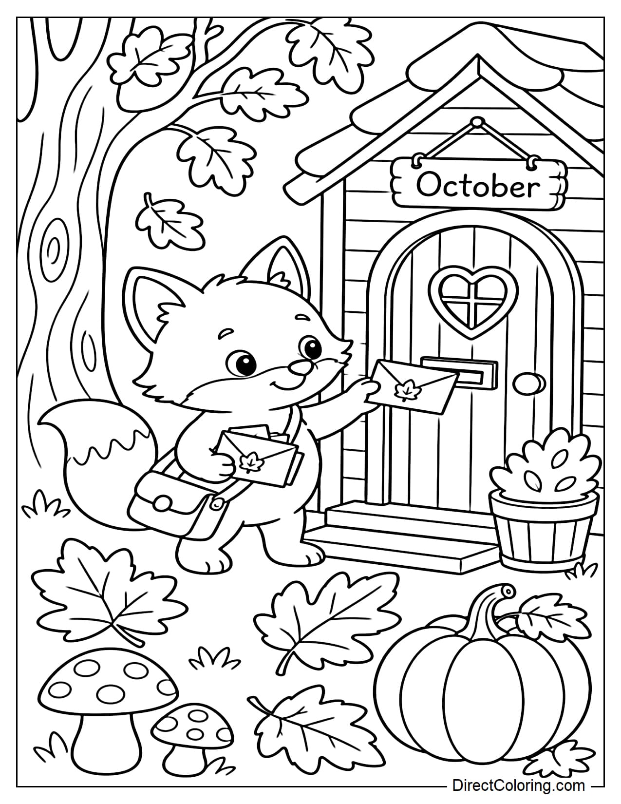 A cute little fox wearing a mail bag delivers autumn letters to a small wooden cabin in the forest, surrounded by falling leaves, mushrooms, and tiny pumpkins.