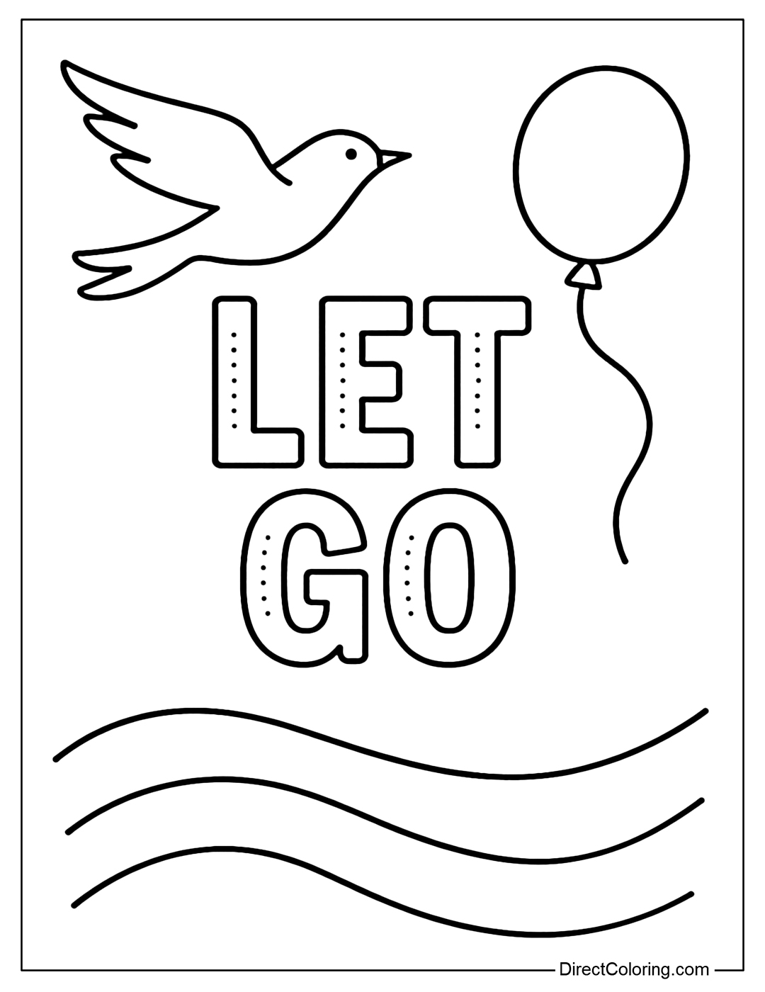 The Let Go word coloring page flies with birds and balloons, the background has relaxing curves.