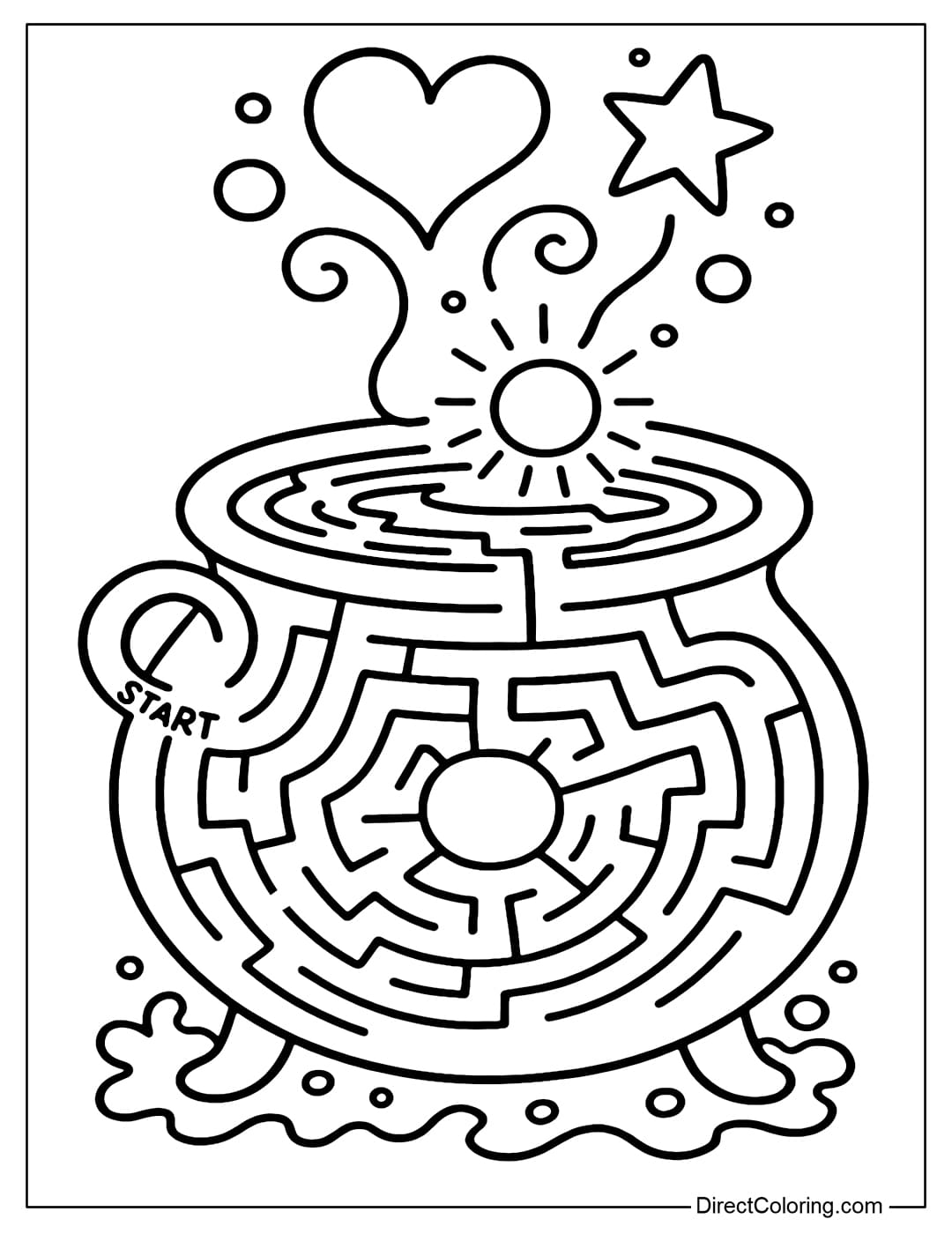 The maze coloring page is in the medicine cauldron Halloween magic, entrance at the left cauldron handle, ending at the glowing magic bubble in the middle of the cauldron.