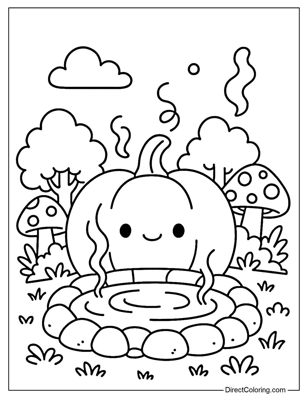 A pumpkin hot spring coloring page surrounded by fantasy scenery.