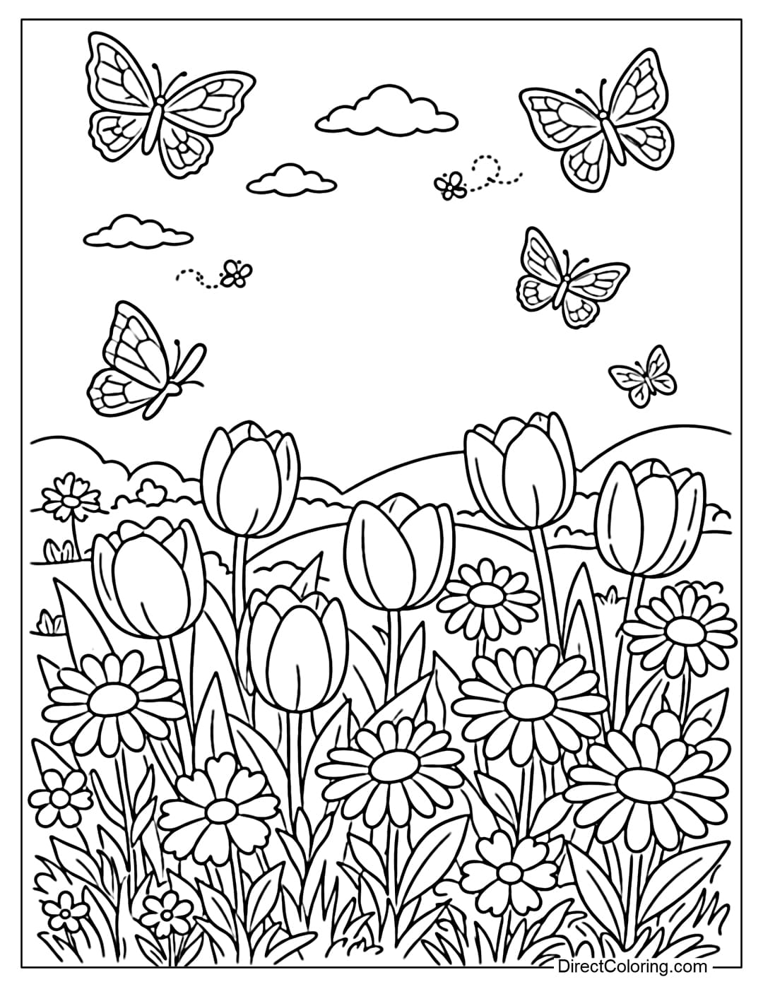 A coloring page of a spring garden with many tulips, daisies, and butterflies flying around.