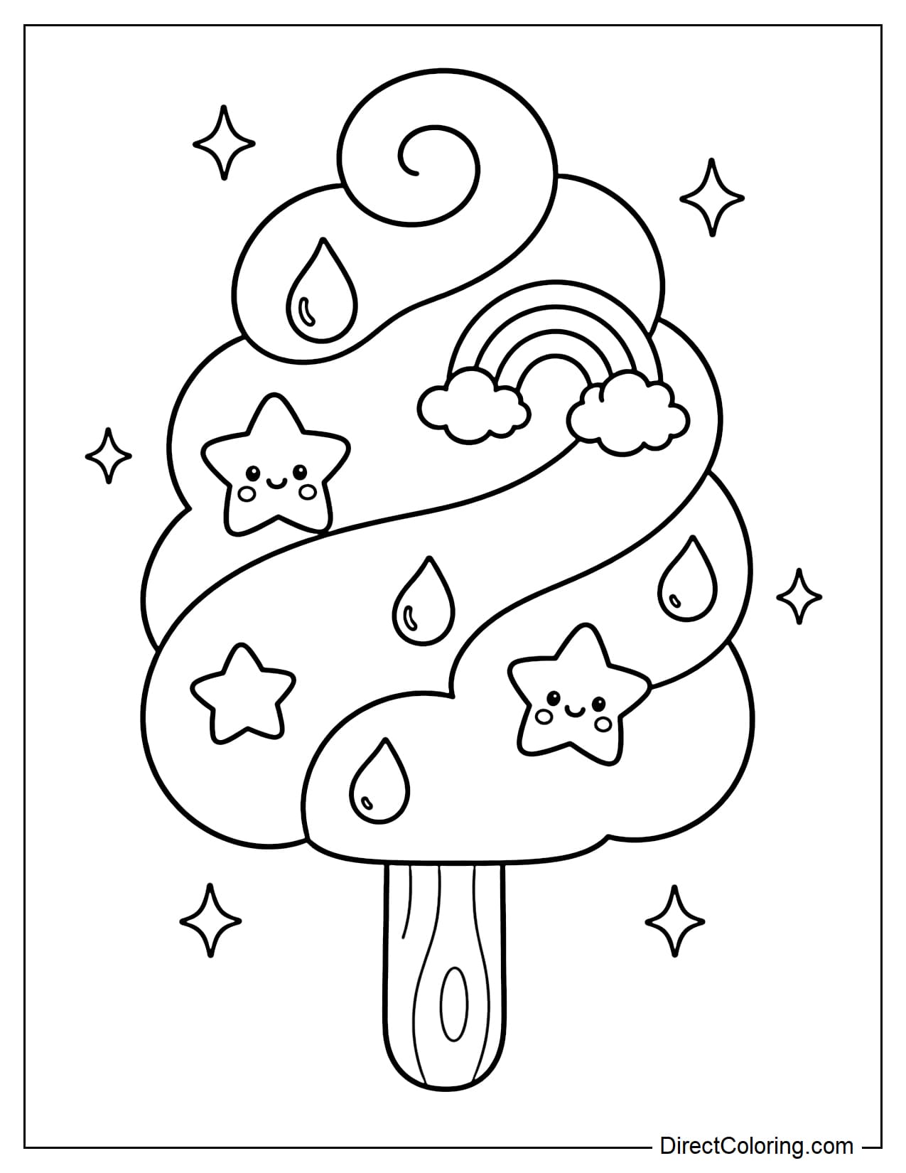 A soft, swirling cloud-shaped popsicle with large, easy-to-color curves, decorated with water droplets, a small rainbow, and a few stars.