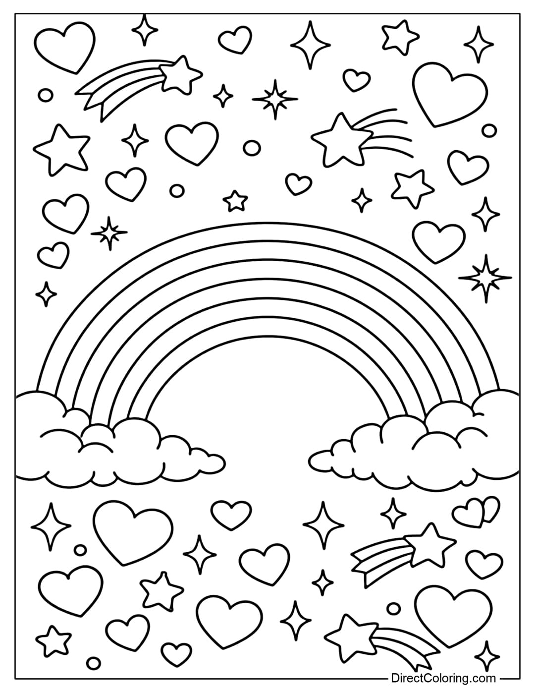 A coloring page featuring a rainbow with shooting stars and sparkling dots.