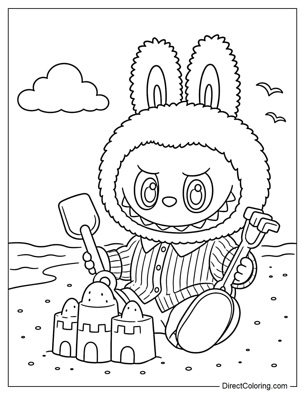 Labubu, wearing a long-sleeved shirt and long pants, is sitting on the sand building a sandcastle with a shovel and rake in his hands.