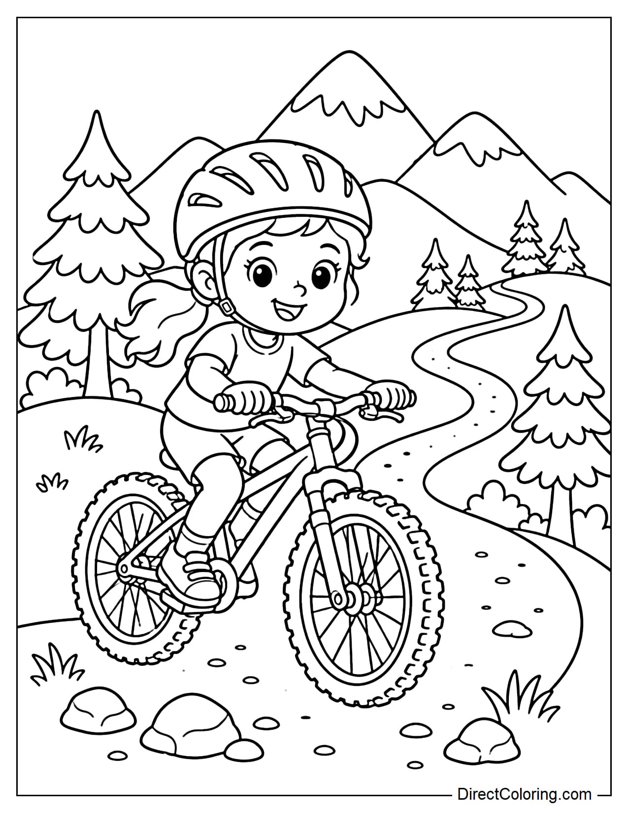 A little girl rides a mountain bike along a trail through the hills. She wears a helmet, rides on large wheels, and follows a winding path with a few small rocks, pine trees, and curved trail lines ahead.