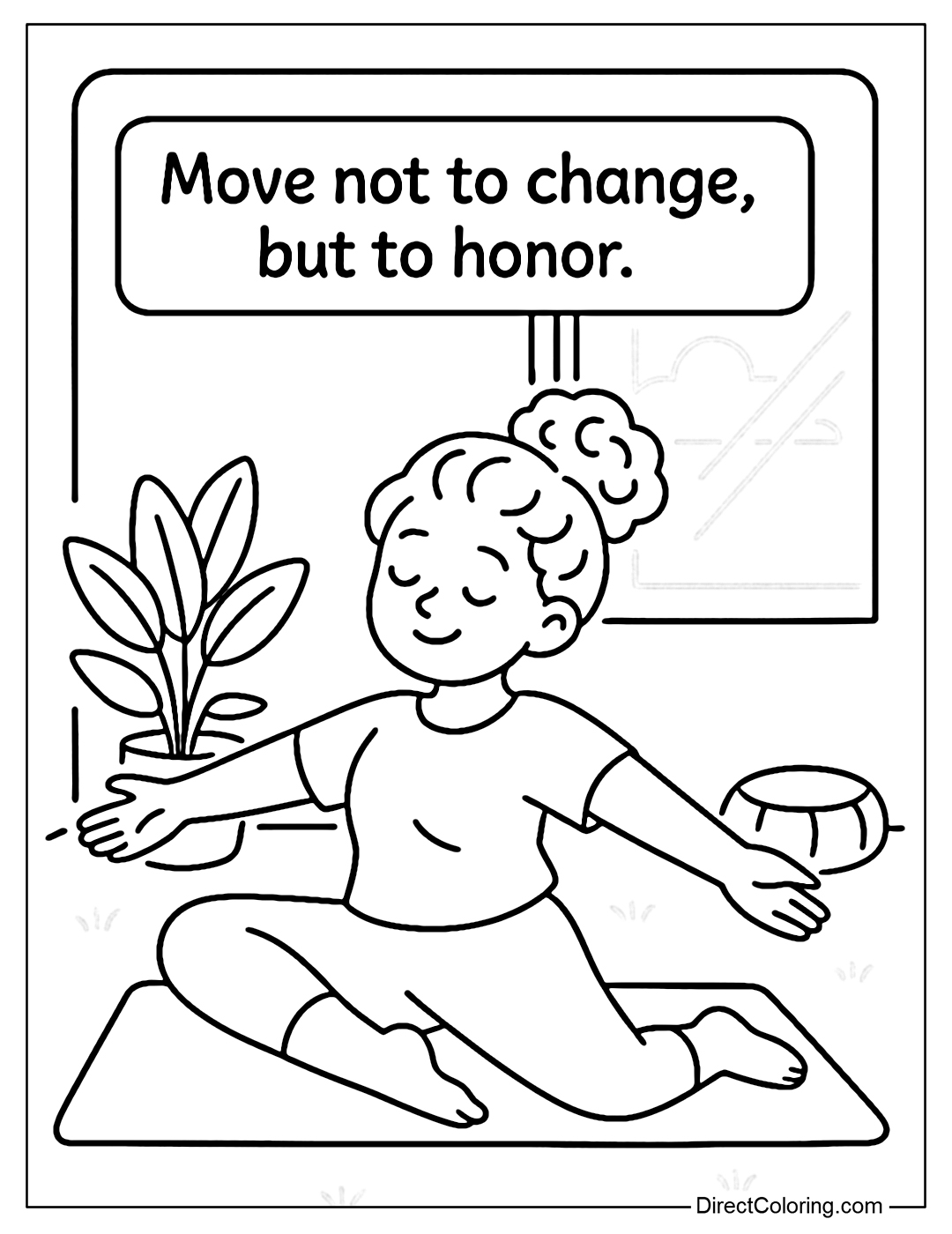 A girl doing yoga or stretching on a yoga mat, with a relaxed, stress-free expression. There is a potted plant in the corner of the room, natural light, and a meditation pillow.
