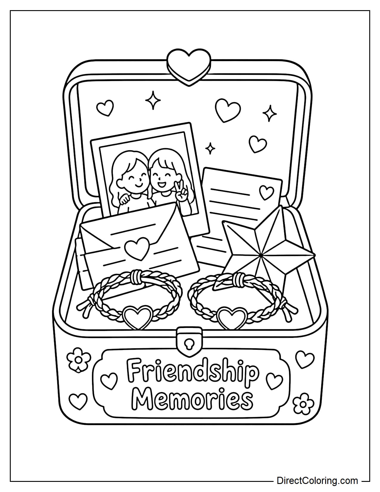 A friendship memory box with an open lid, containing two identical bracelets, a small photo, a few letters, and a paper star. The front of the box reads 