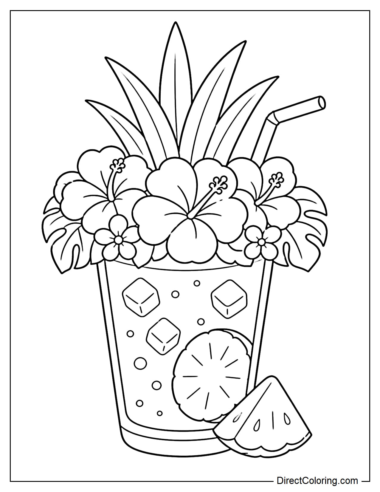 A glass of pineapple juice with a large tropical flower crown rim, topped with stylized pineapple leaves.
