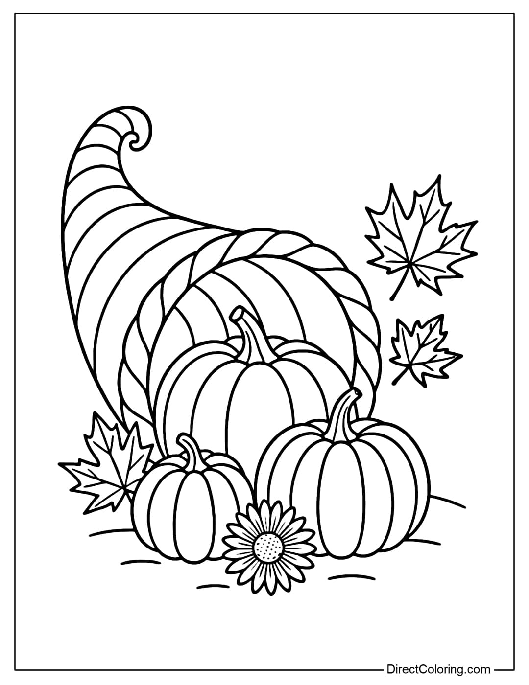 Cornucopia coloring page with many large and small pumpkins, maple leaves and autumn chrysanthemums.