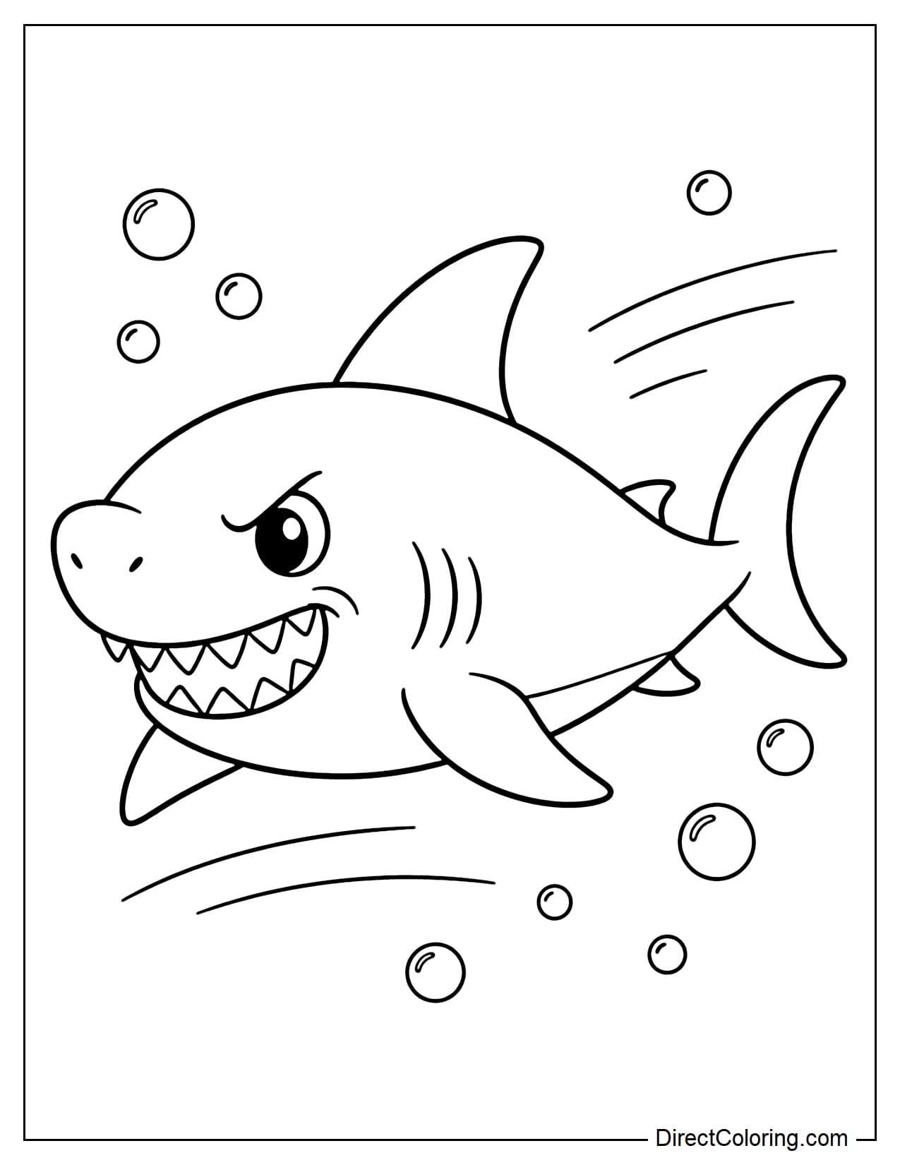 A shark with a slightly fierce face, swimming sideways powerfully, its mouth slightly open revealing its triangular teeth, a long body, a large dorsal fin, a strong curved tail, surrounded by some bubbles.