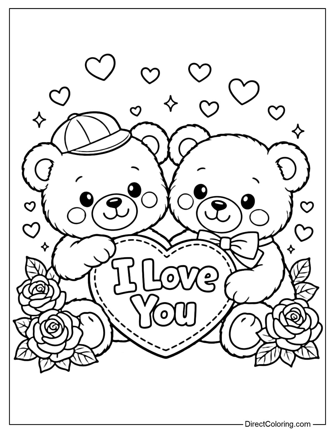 A coloring page for two cute teddy bears sitting side-by-side, holding a large heart with the words 