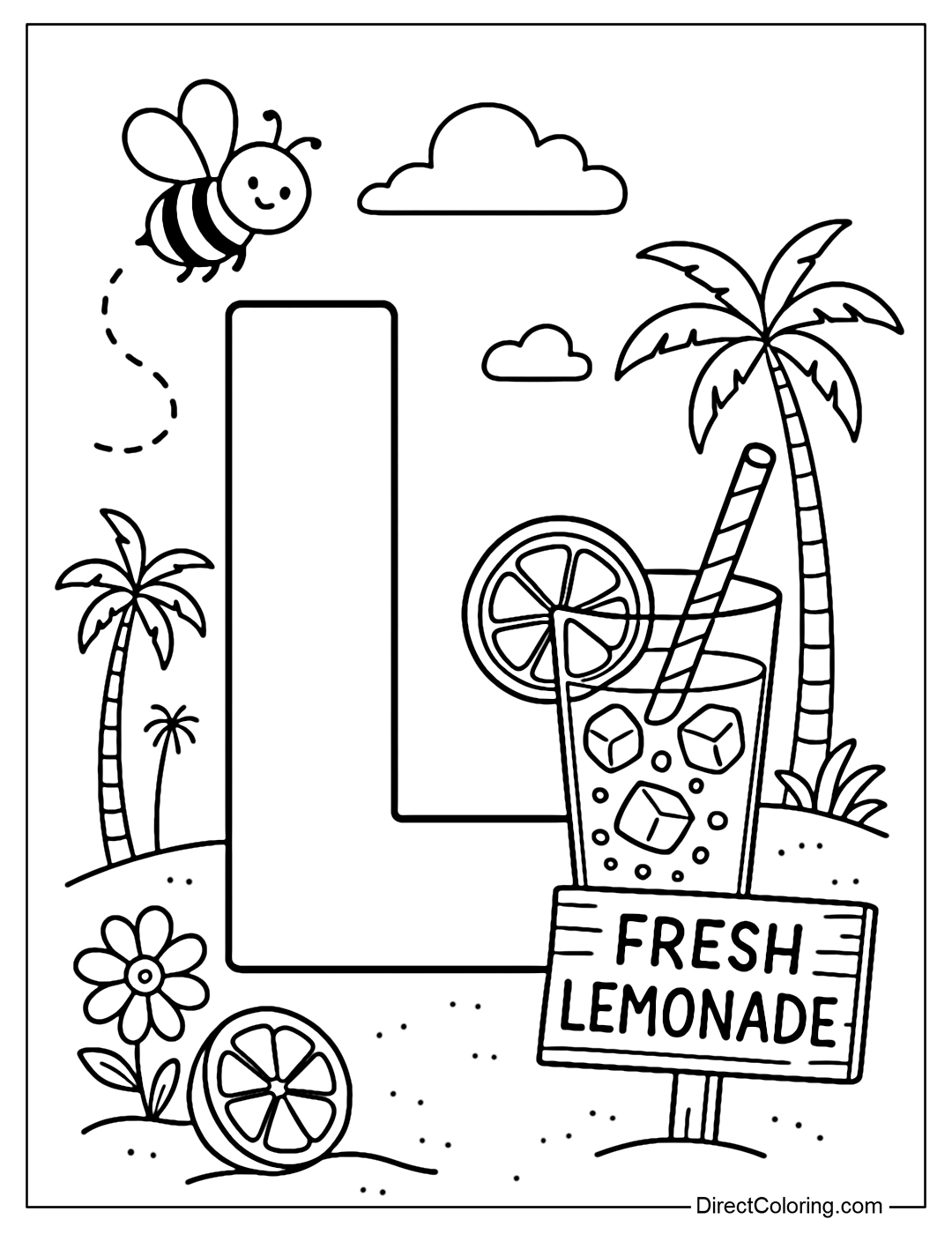 A coloring page of the letter L next to a summer lemonade stand with a glass of ice, a slice of fresh lemon, a striped straw, and a small wooden Fresh Lemonade board. A cute bee flies above.