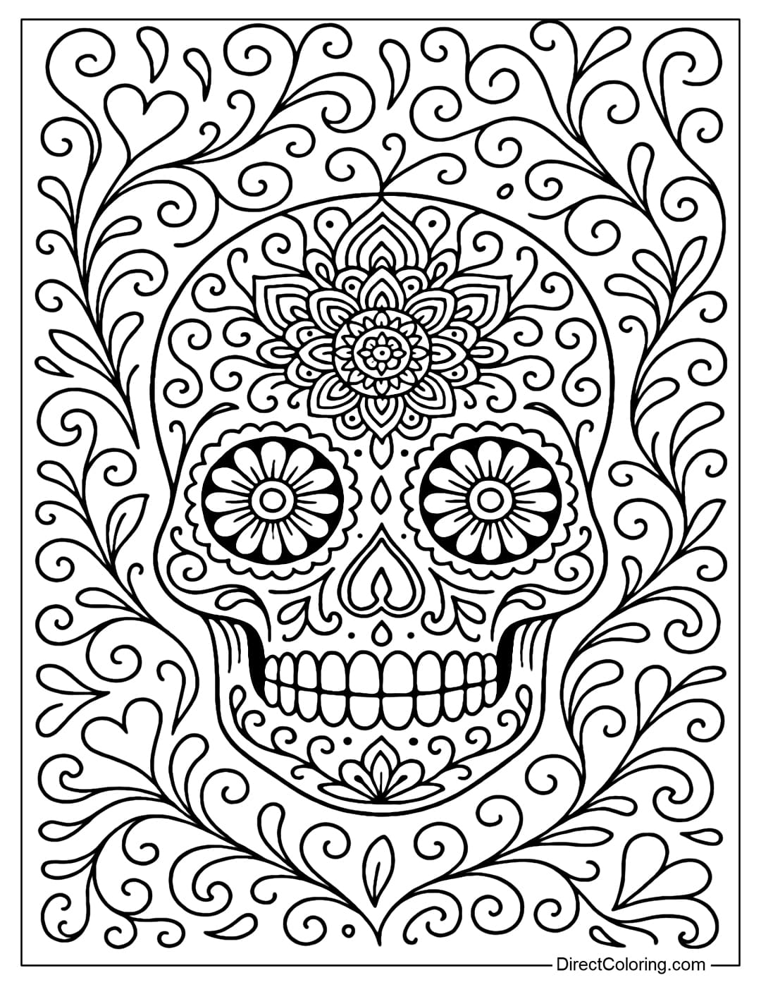 A sugar skull coloring page with a symmetrical mandala pattern, flowers for eyes, surrounded by Mexican-style hearts, leaves and swirls.