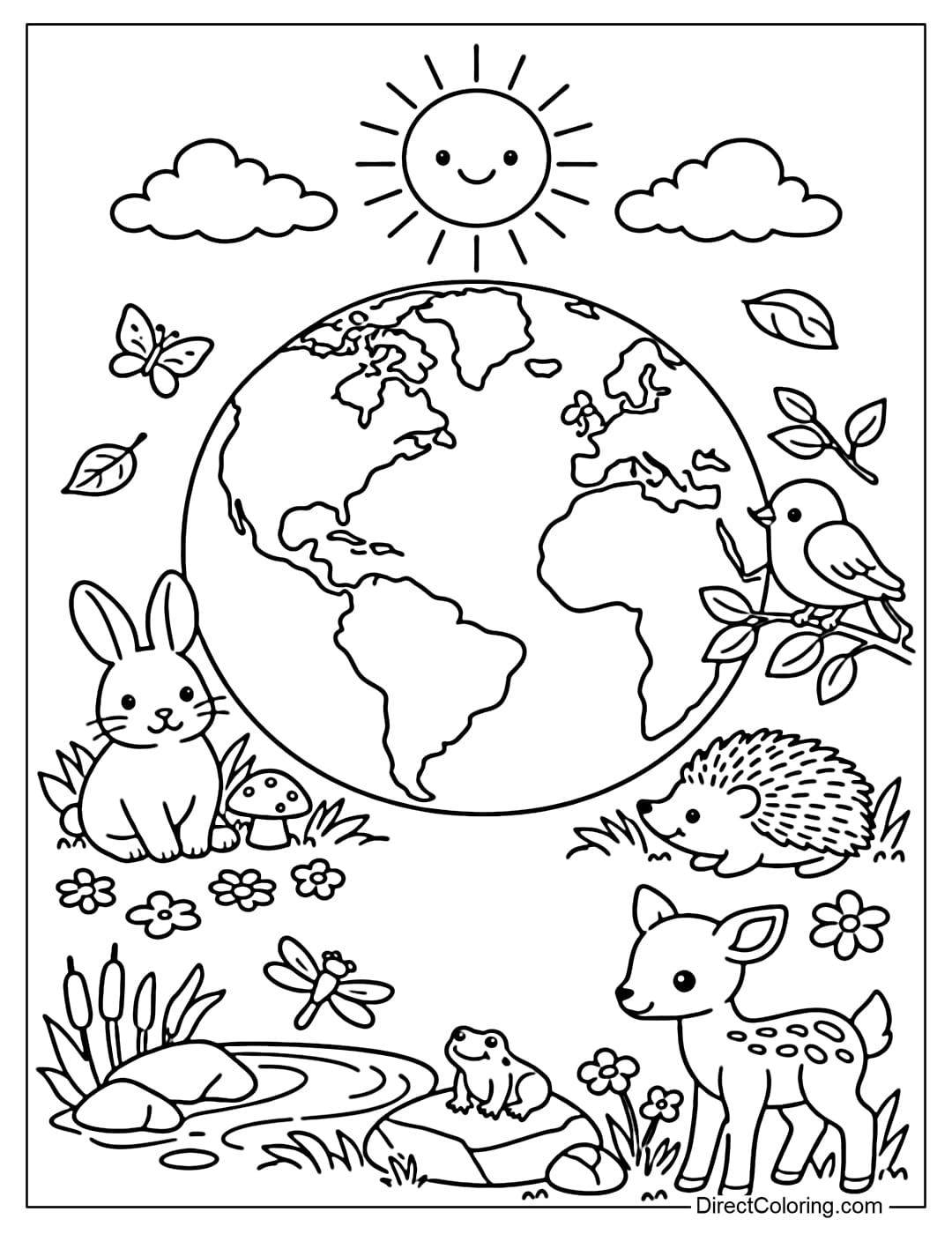 A coloring page featuring a large Earth with small forest animals such as rabbits and birds, symbolizing the natural ecosystem.