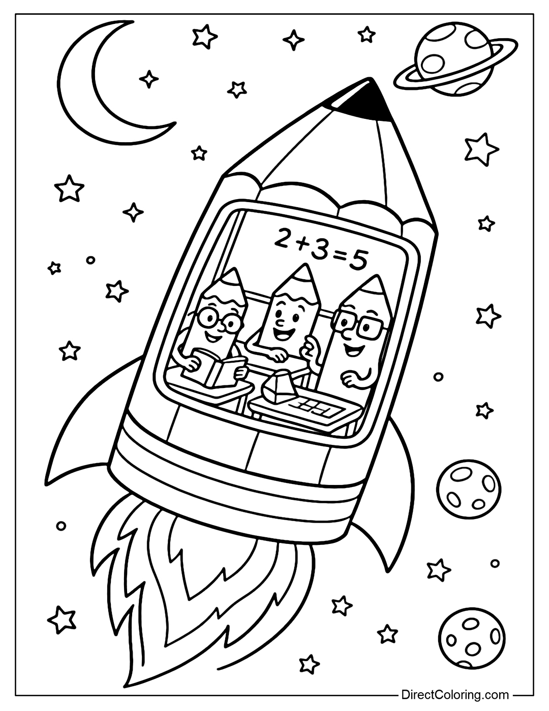 A coloring page of a classroom where pencils turn into rockets, students sit inside and fly up into the sky, learning math while traveling to space.