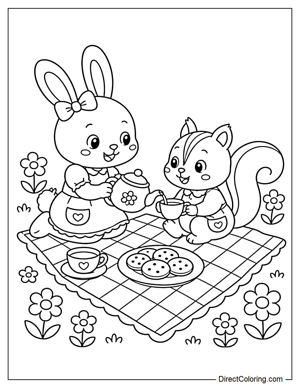 A bunny is pouring tea for its squirrel friend on a picnic blanket with round cookies and small flowers around the mat.