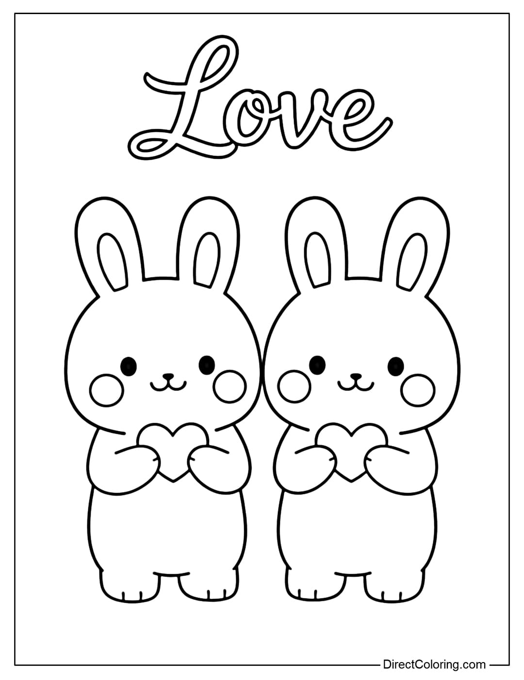 A coloring page featuring two bunny couples standing side-by-side, with long, rounded ears, each holding a small heart in front of their chests.
