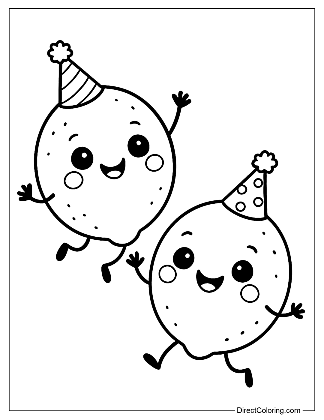 A coloring page of two dancing lemons, with arms and legs and wearing cute party hats.