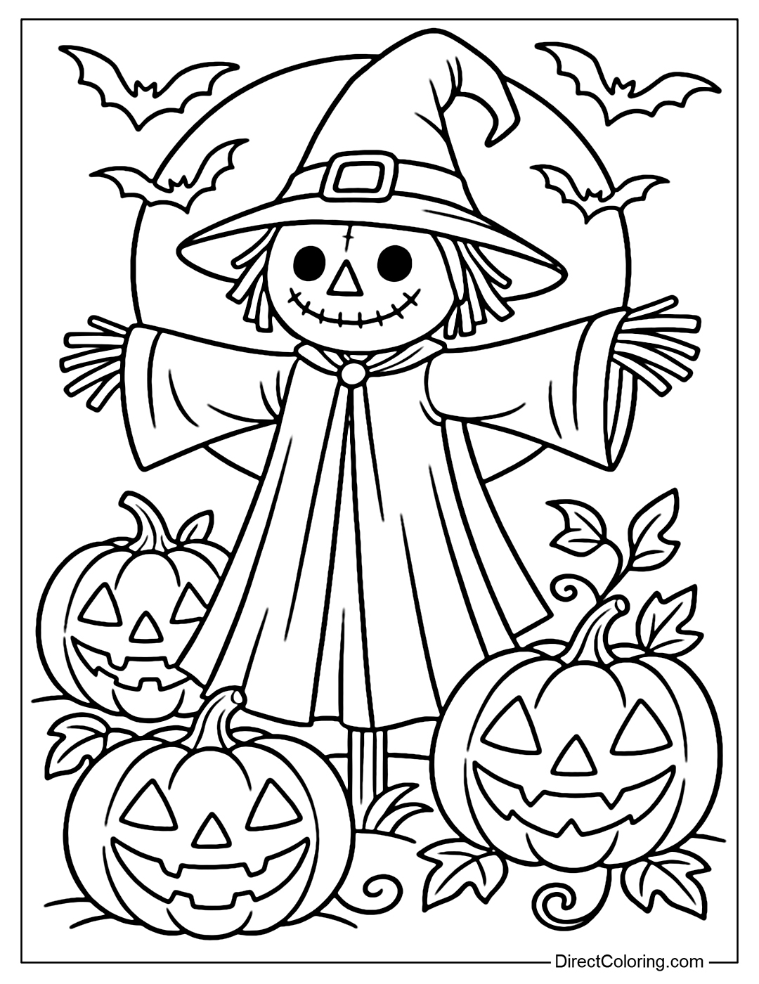 A scarecrow coloring page in Halloween costume, wearing a witch hat, wearing a long cape, standing among pumpkins carved with a spooky smile.