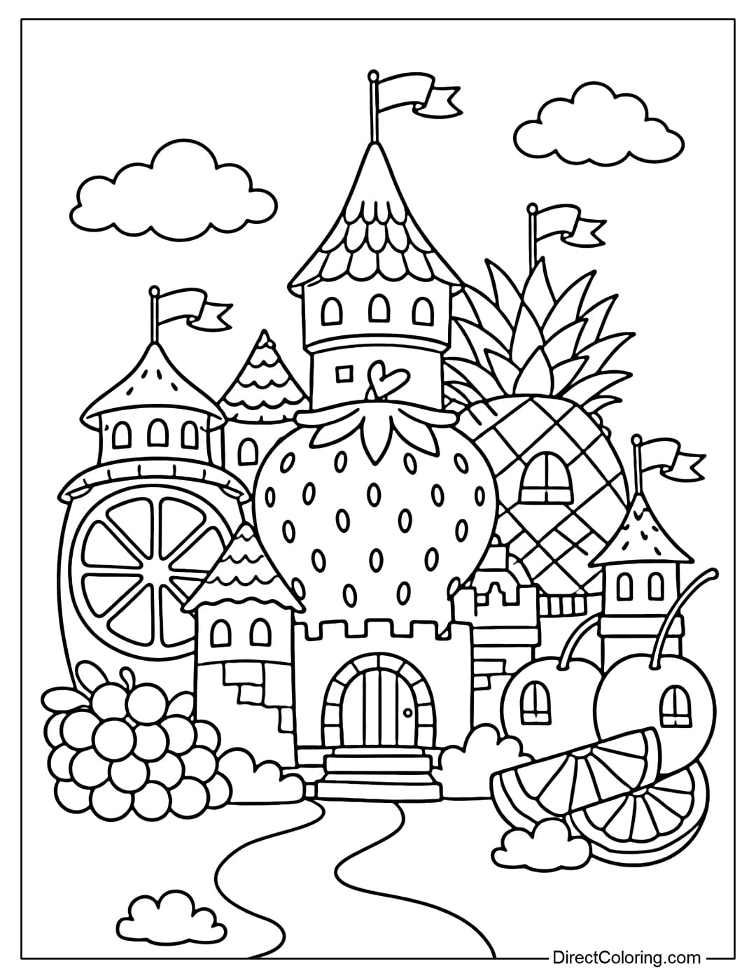 A coloring page featuring a cute fantasy castle made from various large fruits like strawberries, oranges, and pineapples forming a magical fruit castle.