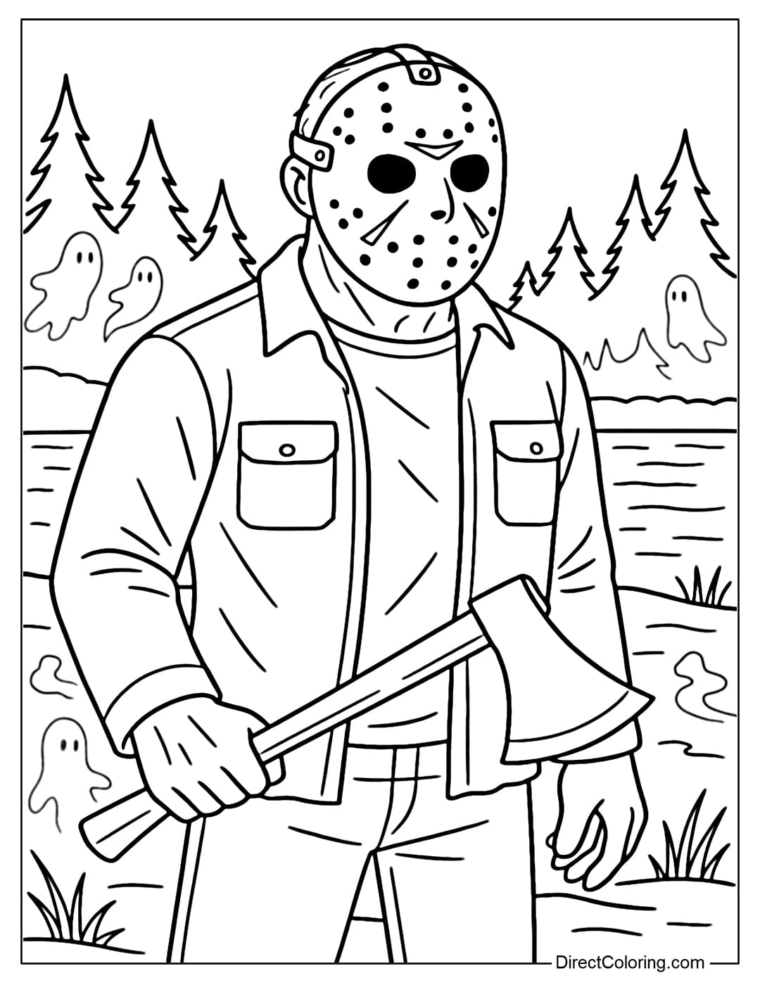 Jason Voorhees in Forest Coloring Page Jason coloring page with his signature hockey mask, holding a large axe, standing next to a dark lake and deep forest.