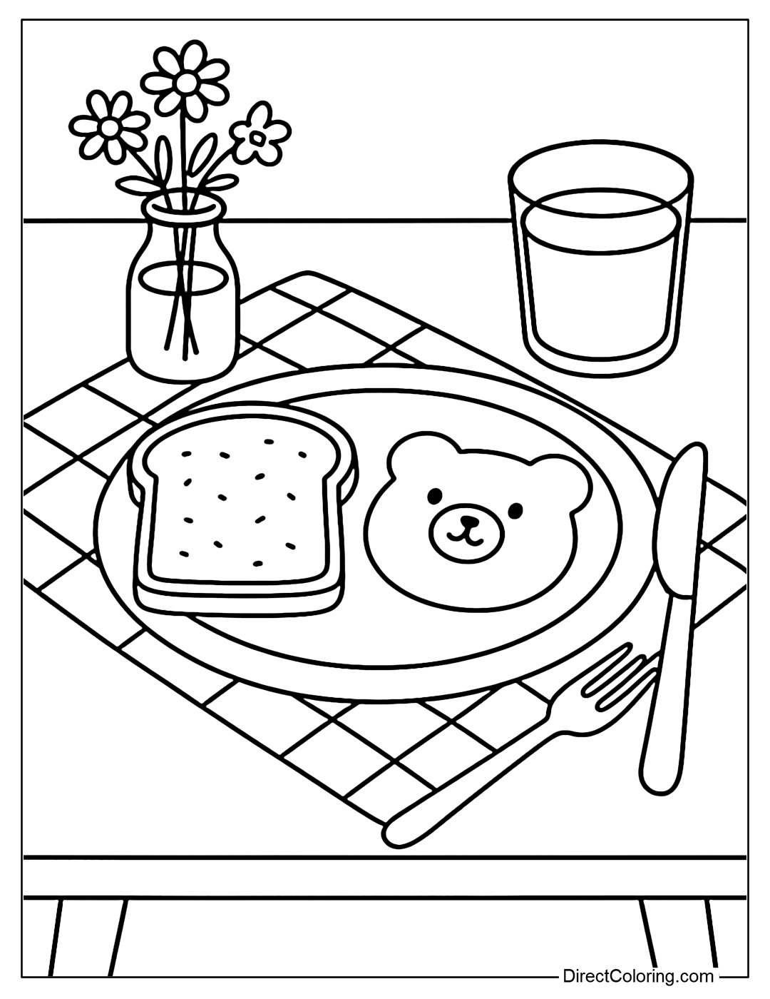 Coloring page of a breakfast table with bread, fried egg in the shape of a bear, milk and small flowers in a glass jar.
